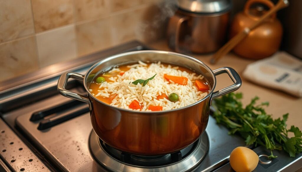 cooking rice in chicken broth