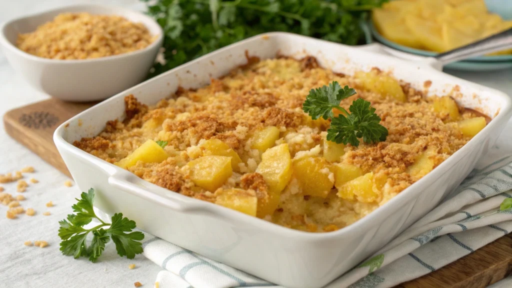 a golden brown pineapple casserole with a crunchy