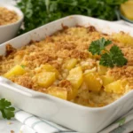 a golden brown pineapple casserole with a crunchy