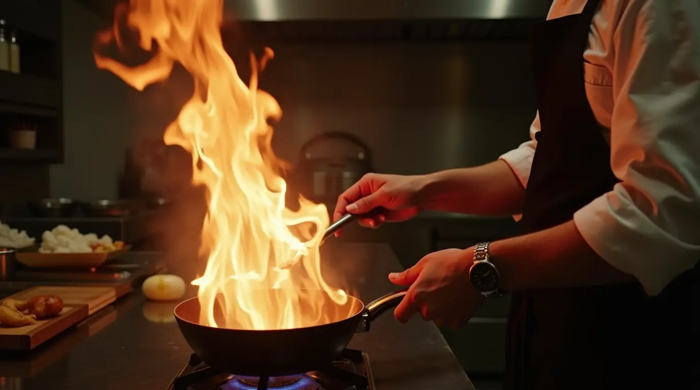 Dramatic Scene of a Chef Cooking in a High-End New York Restaurant Kitchen A chef passionately cooking in a high-end New York restaurant kitchen, with flames rising from a pan, motion blur, and dramatic lighting creating a moody, cinematic atmosphere. The chef's face is not visible, adding to the intense and mysterious vibe.