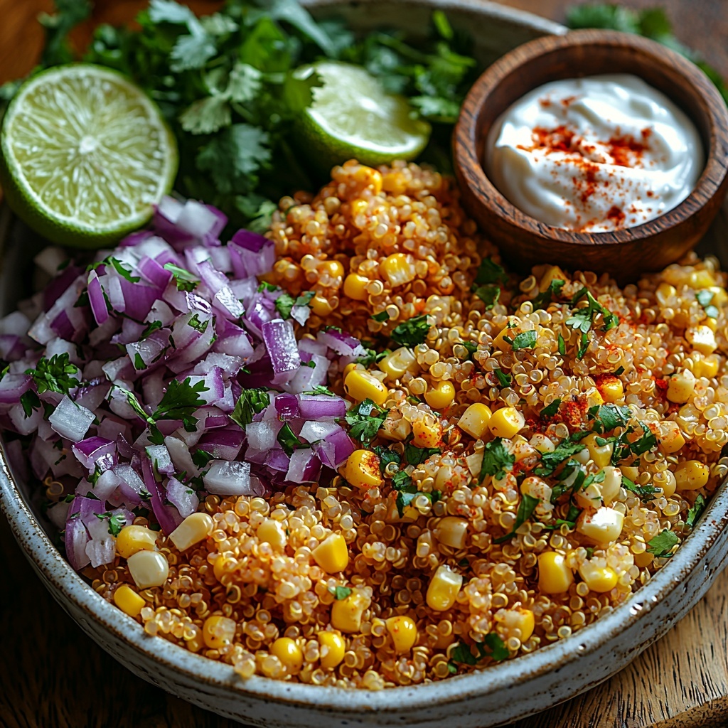 quinoa grains in a small clear glass bowl, bright yellow corn kernels (fresh and lightly charred) artfully scattered on a rustic white ceramic plate, finely diced vibrant purple-red onion in a neat pile, crumbly white cotija cheese in a small wooden bowl, fresh bright green chopped cilantro leaves loosely arranged nearby, a halved lime showing juicy green flesh beside a small glass bowl of creamy off-white Greek yogurt mixed with a dusting of warm red chili powder and paprika, coarse salt and black peppercorns sprinkled carefully around, all ingredients placed on a clean light wooden surface with soft natural lighting highlighting the varied textures and vivid colors, minimal shadows, styled with a casual yet elegant food photography aesthetic, overhead shot, top down view, flat lay photography, professional food styling --ar 1:1 --q 2 --s 750 --v 6.1
