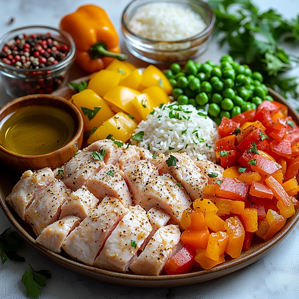 4 boneless, skinless chicken breasts cut into bite-sized pieces, bright white long-grain rice in a small ceramic bowl, fresh mixed veggies including vibrant red and yellow bell pepper slices and bright green peas scattered loosely, three peeled garlic cloves next to a small pile of minced garlic, a small glass bowl with golden olive oil, a clear measuring cup filled with light golden low-sodium chicken broth, a small dish of dark amber low-sodium soy sauce, coarse salt crystals and freshly ground black peppercorns sprinkled artfully on the surface; all ingredients arranged neatly but naturally spaced on a clean white marble countertop with soft natural light enhancing the fresh textures and vibrant colors, subtle shadows adding depth, some sprigs of fresh green herbs for an extra pop of color; overhead shot, top down view, flat lay photography, professional food styling --ar 1:1 --q 2 --s 750 --v 6.1