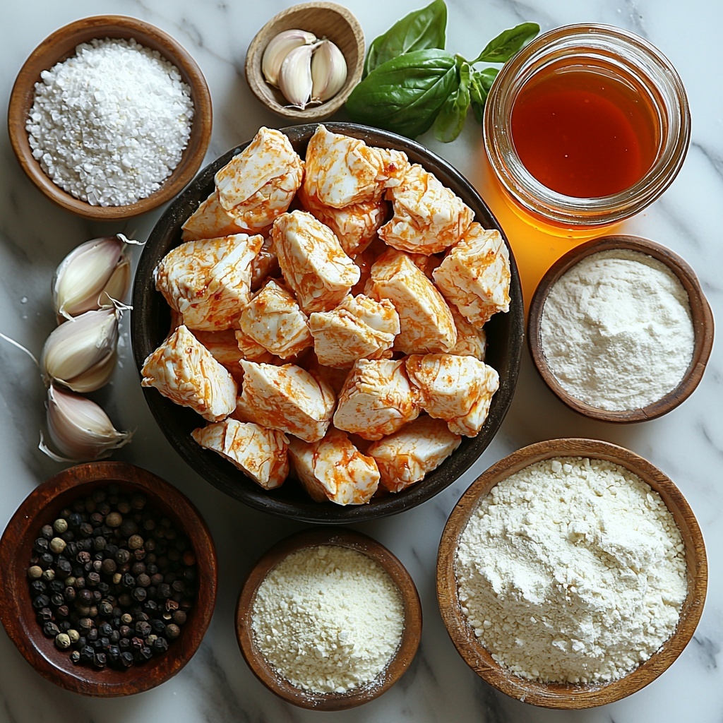 whole cut-up raw chicken pieces with skin visible, small bowls of kosher salt, garlic powder, onion powder, and paprika showing fine powders in warm earthy tones, a glass bowl filled with creamy white buttermilk mixed with vibrant red hot sauce swirled together, a medium bowl of all-purpose flour with a soft, powdery texture, a smaller bowl of white cornstarch, a sleek bottle or small container of golden peanut oil with a slight shimmer, scattered whole black peppercorns and a pinch of flaky salt crystals, all ingredients neatly arranged on a clean white marble surface with soft natural light casting gentle shadows, rustic wooden spoon resting near bowls, subtle textures of flour dust on the surface, warm and inviting color palette emphasizing the natural tones of the ingredients, slight overhead angle emphasizing arrangement and textures, overhead shot, top down view, flat lay photography, professional food styling --ar 1:1 --q 2 --s 750 --v 6.1