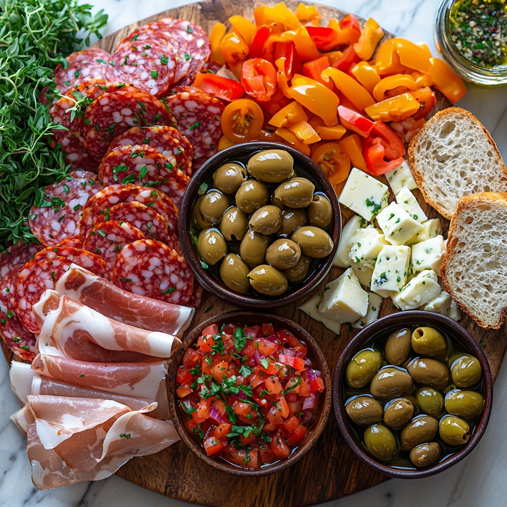 pimento stuffed green olives crushed in a small rustic bowl, kalamata olives crushed in a dark ceramic dish, minced garlic cloves finely piled on a white porcelain plate, chopped bright orange carrot pieces scattered lightly nearby, drained pepperoncini peppers with vibrant yellow-green color arranged in a small glass bowl, glossy marinated cocktail onions grouped together on a smooth surface, tiny celery seeds sprinkled artfully, dried oregano and basil herbs in small wooden spoons showcasing earthy green tones, a pinch of ground black pepper on a textured linen napkin, a small pool of deep red wine vinegar in a shallow dish, roughly chopped pickled cauliflower florets with a creamy white and pale yellow hue, drained greenish capers in a clear bowl, chopped celery stalk pieces fresh and bright green, glistening olive oil and canola oil in small clear glass jars reflecting light, two round loaves of rustic Italian bread with golden crusts and open crumb texture, thinly sliced layers of glossy red genoa salami, pale pink cooked ham slices slightly folded for texture, soft pink-speckled mortadella slices, creamy white mozzarella cheese rounds stacked neatly, slightly off-white provolone cheese slices arranged in neat piles, all ingredients spread and balanced on a clean white marble surface with soft natural lighting, subtle shadows enhancing textures, minimalistic styling with a few fresh herb sprigs for color contrast, overhead shot, top down view, flat lay photography, professional food styling --ar 1:1 --q 2 --s 750 --v 6.1