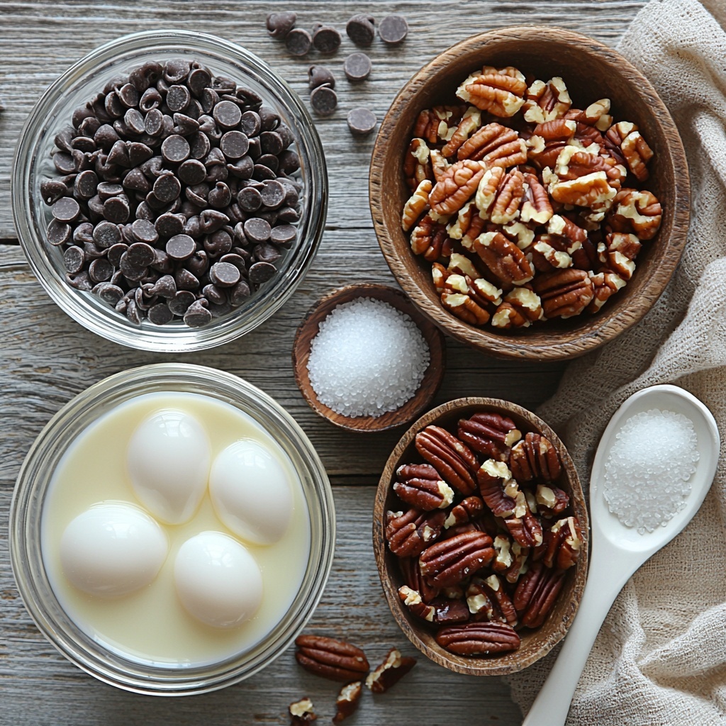 a clean, light wooden surface with all main ingredients of Forgotten Cookies neatly arranged for flat lay photography: two clear glass bowls—one with frothy egg whites with a pinch of salt, another holding glossy sugar crystals; a small white ceramic spoon with a heaping teaspoon of amber vanilla extract; a rustic bowl filled with shiny mini chocolate chips, dark brown and glossy; a small pile of chopped pecans displaying their textured, warm brown tones scattered organically; a vintage metal whisk placed diagonally nearby, subtle shadows emphasizing texture; soft natural light highlighting the contrast of whites, browns, and translucent sugars, minimalistic and airy styling with neutral linen napkin folded delicately to one side, overhead shot, top down view, flat lay photography, professional food styling --ar 1:1 --q 2 --s 750 --v 6.1