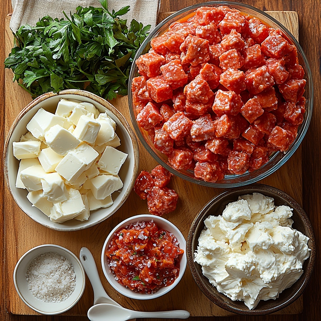 A clean, light-colored wooden surface with all main ingredients for Crockpot Beef Rotel Dip neatly arranged in a well-balanced flat lay composition: a raw pound of lean ground beef in a small white bowl showing its rich red texture; bright orange cubed Velveeta cheese piled in a clear glass bowl highlighting its smooth, creamy edges; softened cream cheese in a small rustic ceramic bowl with a slightly whipped texture; a drained can of diced Rotel tomatoes with chilies in a small metal bowl showing vibrant red and green flecks; small white porcelain spoons arranged nearby holding fine pale beige onion powder, garlic powder, and seasoned salt with subtle textures; natural soft daylight casting gentle shadows and emphasizing the contrasting colors and textures; minimalistic styling with a folded linen napkin in warm neutral tones and a vintage silver spoon nearby for a touch of rustic charm. overhead shot, top down view, flat lay photography, professional food styling --ar 1:1 --q 2 --s 750 --v 6.1