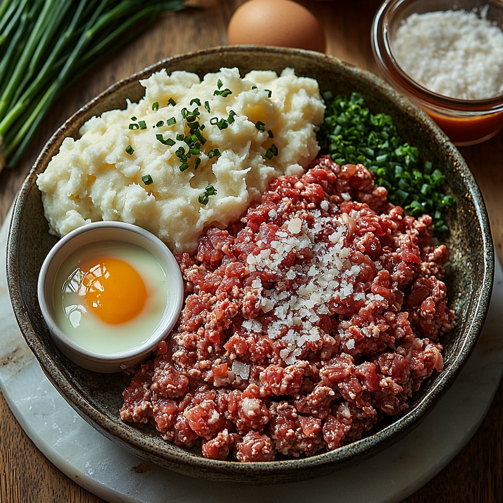 ground beef in a rustic ceramic bowl with marbled red and pink tones, a small pile of golden breadcrumbs next to a cracked brown egg with visible yolk, a glass measuring cup filled with creamy white milk, finely chopped translucent onion scattered loosely on a wooden board, small white ramekins holding garlic powder, salt, and black pepper with neat piles, a small glass bowl of dark amber Worcestershire sauce, a clear dish with glossy red ketchup, a mound of fluffy white mashed potatoes on a white plate, a bowl overflowing with bright orange shredded cheddar cheese, crispy golden-brown crumbled bacon pieces artfully scattered, fresh chopped green onions with vibrant green stalks displayed on a small slate board — all ingredients arranged neatly and spaced evenly on a clean, light marble surface to highlight natural colors and textures, soft natural light casting gentle shadows, minimalistic styling with a focus on rustic, wholesome, and fresh appeal, overhead shot, top down view, flat lay photography, professional food styling --ar 1:1 --q 2 --s 750 --v 6.1