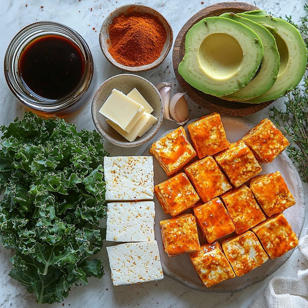 A clean white marble surface neatly arranged with the main ingredients for Crispy Buffalo Tofu with Caesar Salad: a 16-ounce block of firm tofu, unwrapped and whole, showing its smooth, creamy white texture; a small wooden bowl filled with fine white cornstarch; a small glass dish of dark amber soy sauce with a slight sheen; a small clear jar of golden avocado oil catching soft light; a small ceramic bowl with vibrant reddish paprika powder; a tiny white ramekin with pale beige garlic powder; a small, rustic dish holding glossy golden melted butter; a vibrant glass jar of bright red Frank’s hot sauce with a glossy surface; fresh green kale and avocado slices on a white plate to represent the salad; scattered crispy tofu chunks coated with a reddish-orange buffalo glaze, showing a slightly rough, crunchy texture; the arrangement balanced with natural daylight coming from one side, soft shadows, minimal props like a linen napkin in natural beige nearby, all elements spaced thoughtfully to highlight textures and colors harmoniously. Overhead shot, top down view, flat lay photography, professional food styling --ar 1:1 --q 2 --s 750 --v 6.1