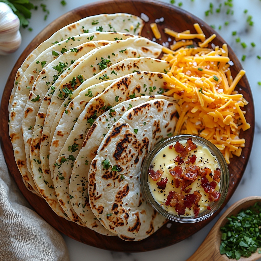 garlic cloves, melted unsalted butter in a small glass bowl, dried parsley sprinkled loosely on the surface, coarse salt crystals, black peppercorns scattered, six large flour tortillas neatly fanned out in a semicircle on a clean white marble countertop, crispy cooked bacon strips crumbled in a small rustic ceramic bowl, shredded sharp cheddar cheese piled loosely with vivid orange tones, shredded mozzarella cheese next to it in a fluffy white mound, fresh bright green chopped chives sprinkled casually on a wooden spoon, soft natural light casting gentle shadows, slight texture contrast between smooth tortillas and crispy bacon, minimalistic and airy composition emphasizing fresh, vibrant colors and varied textures, subtle props like a soft beige linen napkin and a small wooden butter knife alongside ingredients, overhead shot, top down view, flat lay photography, professional food styling --ar 1:1 --q 2 --s 750 --v 6.1