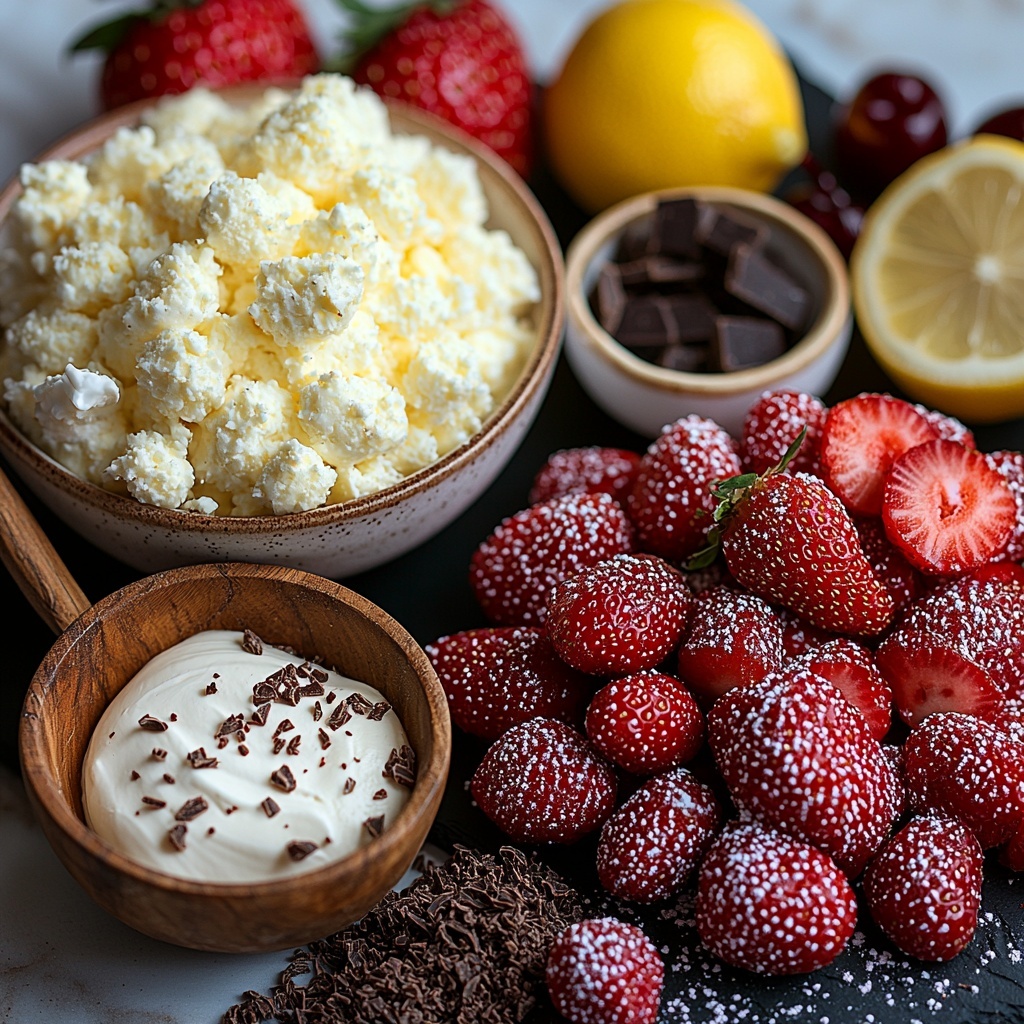 Red velvet cake crumbs in a rustic bowl with a small dish of melted unsalted butter nearby, a wooden spoon resting beside  granulated sugar in a glass jar and a tiny bowl of vanilla extract; smooth cream cheese softened and spread slightly in a white ceramic bowl, next to a small bowl of granulated sugar, fresh lemon halves, a tiny bottle of vanilla extract, three large brown eggs with a cracked shell showing, and a dollop of sour cream on a porcelain plate; finely chopped fresh strawberries in a clear glass bowl with a small bowl of vibrant red strawberry puree; fresh whole strawberries, some sliced to reveal juicy interiors, scattered artfully; fresh hulled strawberries with a small pot of sugar, clear water droplets on glossy fruit surfaces; a tiny dish containing cornstarch slurry, a wedge of lemon; chilled heavy whipping cream whipped into stiff peaks in a chilled metal bowl with a small bowl of powdered sugar and another tiny bowl of vanilla extract; optional candied cherries and delicate chocolate curls placed elegantly on a dark slate board; all ingredients carefully spaced on a clean white marble countertop with natural soft lighting highlighting glossy textures and vivid reds, creamy whites, and warm earthy tones, with subtle shadows adding depth; overhead shot, top down view, flat lay photography, professional food styling --ar 1:1 --q 2 --s 750 --v 6.1