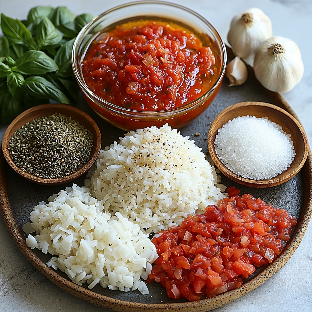 2 tablespoons golden olive oil in a small glass dish, finely chopped medium onion with white and pale purple tones scattered neatly, three peeled garlic cloves alongside a small pile of minced garlic, an opened can of vibrant red crushed tomatoes with rich texture visible, a clear bowl filled with warm golden vegetable broth, a neat mound of fluffy white cooked rice on a rustic ceramic plate, small heaps of dried green basil leaves and fine white sugar crystals arranged separately, salt and black peppercorns in small wooden spoons, fresh bright green parsley sprigs artistically placed for garnish, all ingredients thoughtfully spaced on a clean white surface with soft natural lighting highlighting the textures and vibrant colors, subtle shadows adding depth, overhead shot, top down view, flat lay photography, professional food styling --ar 1:1 --q 2 --s 750 --v 6.1