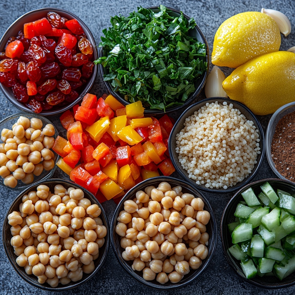 A beautifully styled flat lay of Moroccan Couscous Salad ingredients arranged on a clean, neutral-toned surface. Neatly portioned small piles and bowls showcase warm golden pearl couscous grains with a soft, round texture; glossy, plump chickpeas with a pale beige tone; vibrant, finely chopped fresh green parsley; bright red diced bell pepper pieces; crisp, pale green diced English cucumber; scattered off-white sliced almonds with a slightly rough texture; a small pile of dark golden raisins. Include fresh whole lemons, one with bright yellow zest partially grated, next to a small glass bowl of pale golden olive oil. A few garlic cloves with papery white skins, and small bowls holding ground cumin, salt, and black pepper provide earthy, warm, and neutral colored accents. The ingredients are thoughtfully spaced with slight overlapping for a harmonious and inviting composition. Soft natural lighting emphasizes the freshness and varied textures, with gentle shadows adding depth and dimension. Minimal props and clean styling keep the focus on the colorful, fresh ingredients. Overhead shot, top down view, flat lay photography, professional food styling --ar 1:1 --q 2 --s 750 --v 6.1