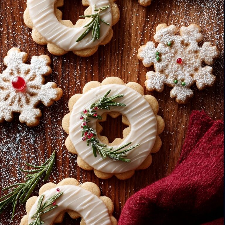 Vanilla Ginger Wreath Cookies with Candied Rosemary and Holiday Decorations Recipe