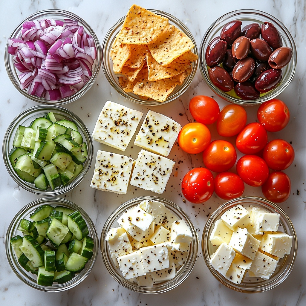 block feta cheese (8 ounces), cream cheese (8 ounces), extra-virgin olive oil in small glass bowls, half lemon cut in half with visible juice, dried oregano, dried basil, black pepper, red pepper flakes in small ceramic spoons, halved grape tomatoes vibrant red and glossy, sliced hot house cucumber bright green with crisp texture, diced red onion small bowl with purple and white pieces, Kalamata olives dark purple glossy, rustic pita chips and golden crostinis scattered, all arranged neatly on a clean white textured surface, ingredients spaced to show contrasting colors and textures, natural soft daylight highlighting freshness, slight shadows for depth, minimal rustic props like linen napkin and wooden spoon, overhead shot, top down view, flat lay photography, professional food styling --ar 1:1 --q 2 --s 750 --v 6.1