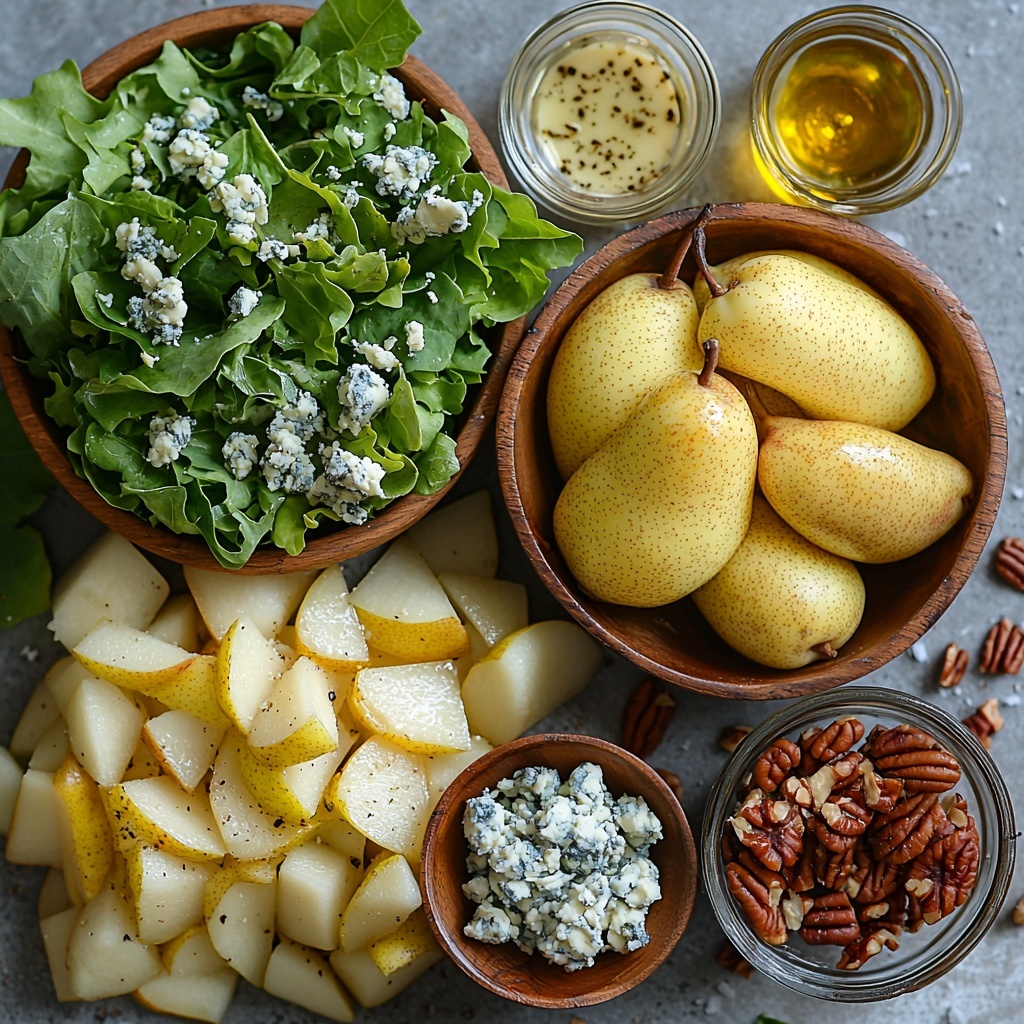 A bright, clean flat lay arrangement of winter salad ingredients on a light, neutral surface. Display 10 ounces of fresh mixed greens with varying shades of deep and light greens, delicate textures and curly leaves neatly fanned out. Nearby, three ripe pears, chopped into irregular, juicy golden-yellow pieces with soft brown seeds visible, artfully scattered. A small wooden bowl filled with rich, glossy pecan halves showing warm brown tones and textured ridges. A clear glass dish containing vibrant ruby-red dried cranberries with a slightly wrinkled texture. Next to them, a small white bowl of crumbly blue cheese in creamy white with striking blue veins, irregular chunks adding rustic texture. Arrange vinaigrette ingredients in simple glass containers: six tablespoons of golden olive oil with a subtle sheen, a small bowl with pale yellow Dijon mustard, and a small vial of translucent white wine vinegar. Include small spoons and a pinch bowl with fine white salt and a separate tiny bowl with fine granulated sugar for contrast. The overall composition is bright and inviting, emphasizing natural colors and textures, with soft natural light casting gentle shadows, styled cleanly with minimal props to highlight freshness and variety of ingredients. Overhead shot, top down view, flat lay photography, professional food styling --ar 1:1 --q 2 --s 750 --v 6.1