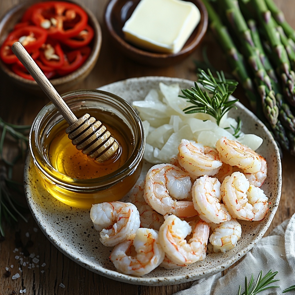 Raw peeled shrimp (tails removed) in a small rustic bowl, a glossy jar of golden honey with a wooden honey dipper, a small ceramic dish of deep dark soy sauce, a heap of freshly minced garlic and ginger side by side on a white ceramic plate, two tablespoons of creamy salted butter partially unwrapped on parchment paper, a small glass container of rich olive oil, bright green asparagus stalks trimmed and cut into 2 to 3 inch pieces arranged neatly, vibrant red bell pepper slices fanned out, thinly sliced translucent half onion arranged in a delicate pile. All ingredients are placed carefully on a clean, light wooden surface with soft natural lighting highlighting the contrasting colors and textures—glossy, fresh, and vibrant. The styling features minimal shadows, soft highlights on the shiny honey and soy sauce, and a balanced, symmetrical layout emphasizing freshness and simplicity. Overhead shot, top down view, flat lay photography, professional food styling --ar 1:1 --q 2 --s 750 --v 6.1