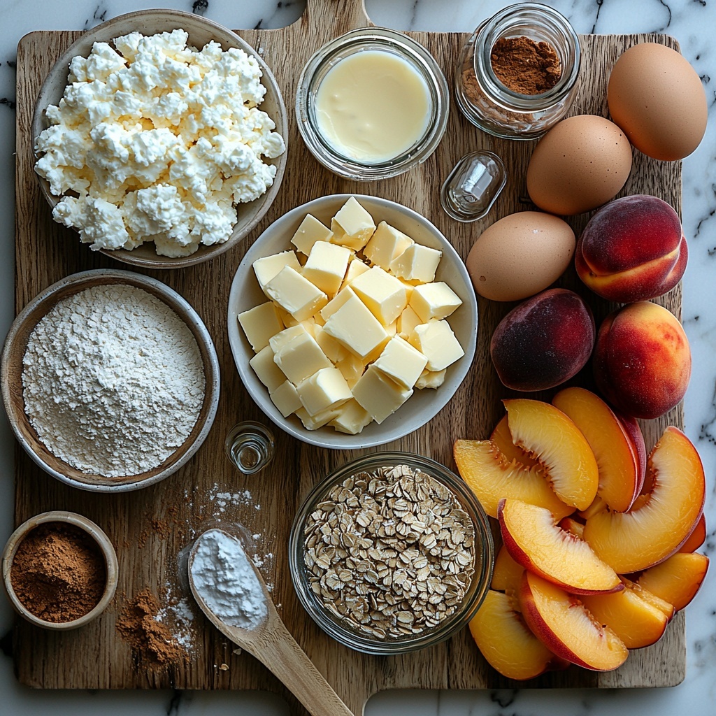graham cracker crumbs in a small rustic bowl, melted unsalted butter in a glass measuring cup, smooth cream cheese spread on a wooden board, granulated sugar in a neat white ceramic bowl, a small glass vial of vanilla extract with a cork stopper, three large fresh eggs with clean shells arranged in a row, vibrant fresh peaches peeled and thinly sliced fanned out on a white plate showing juicy orange and pink hues, a small heap of warm brown cinnamon powder next to a wooden spoon, light brown soft packed brown sugar in a small ramekin, fluffy all-purpose flour in a linen-lined bowl, rolled oats scattered loosely next to a tiny silver scoop, granulated sugar crystals in a glass jar with a wooden lid, softened unsalted butter shaped into a smooth pat on parchment paper — all ingredients meticulously arranged on a clean, matte white surface with natural daylight casting soft shadows, subtle hints of wood textures, warm tones enhancing the freshness and rustic charm, minimalistic and airy composition, negative space for balance, overhead shot, top down view, flat lay photography, professional food styling --ar 1:1 --q 2 --s 750 --v 6.1