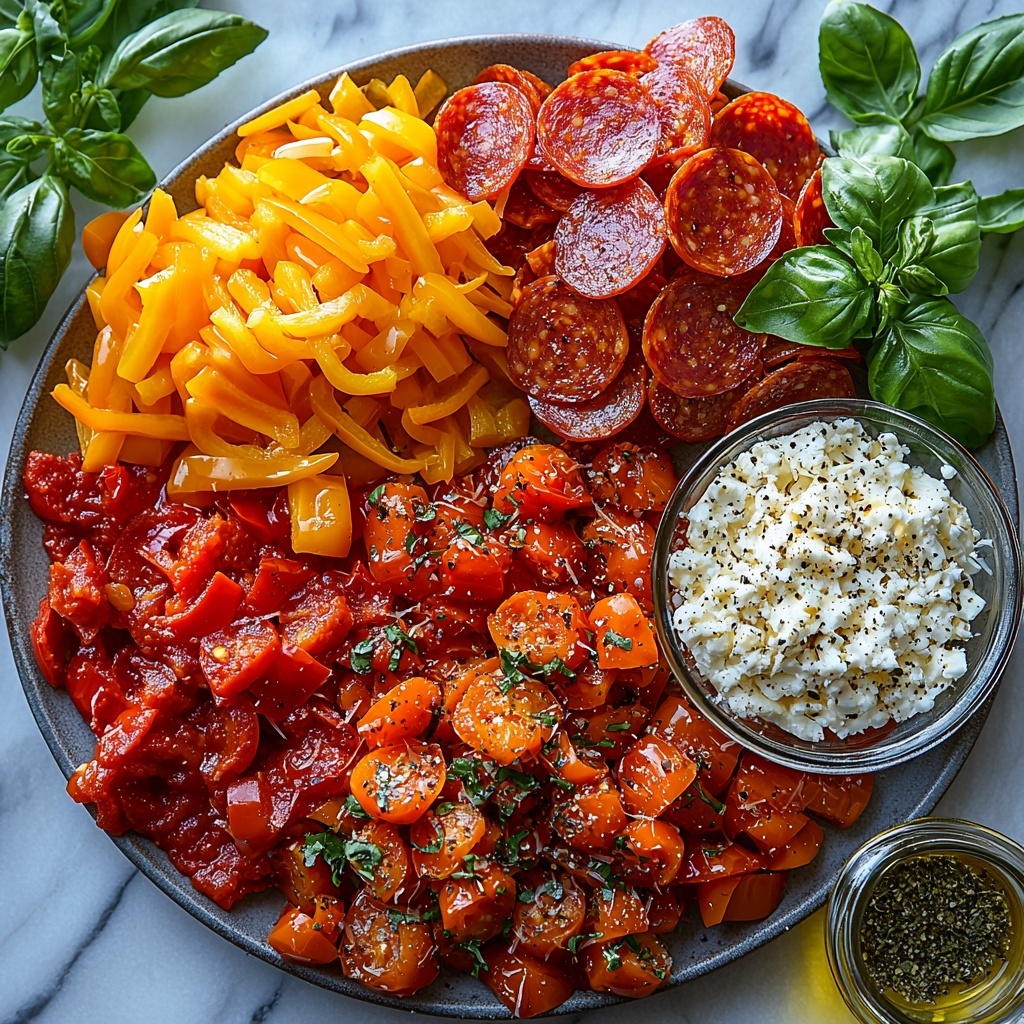 Mini sweet peppers halved and deseeded, vibrant red, yellow, and orange colors; small bowl of rich, deep red pizza sauce with smooth texture; heap of shredded mozzarella cheese, fluffy and white; scattered mini pepperoni slices, glossy and reddish-brown; small heap of dried oregano with a fine, leafy texture; pinch of garlic powder, pale beige and powdery; small glass container of golden olive oil with a slight shine; fresh green basil leaves with smooth, glossy surfaces; all ingredients carefully arranged on a clean white marble surface, colors contrasting beautifully, ingredients spaced evenly for balance, some fresh basil leaves casually scattered for a natural touch, soft diffused natural light highlighting textures and vibrant colors, shadows gentle and soft, emphasizing freshness and detail — overhead shot, top down view, flat lay photography, professional food styling --ar 1:1 --q 2 --s 750 --v 6.1