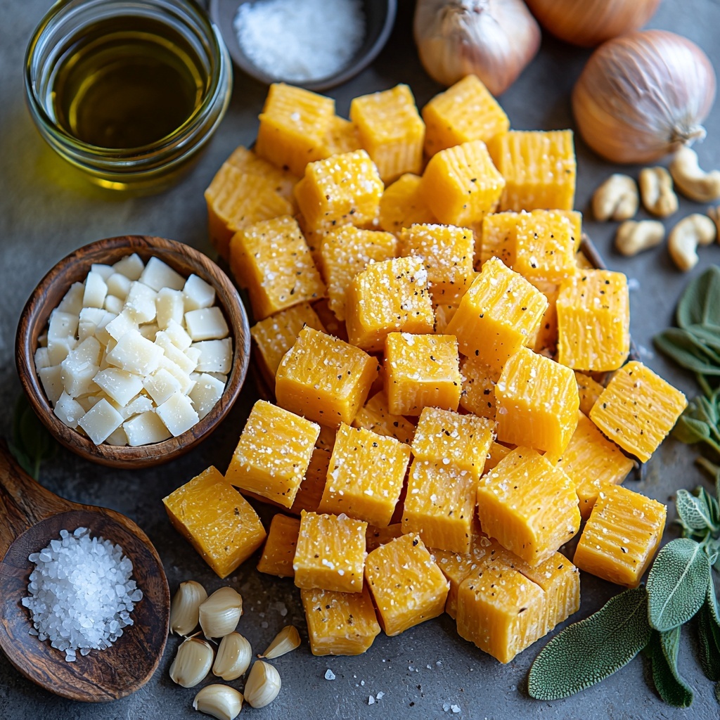 A clean, bright surface with a neat, harmonious arrangement of ingredients for creamy butternut squash pasta: vibrant cubed butternut squash showing warm orange tones with a slightly matte, roasted texture; a small mound of uncooked pasta (penne or rigatoni), pale golden and slightly glossy; a small glass bowl of golden olive oil catching the light; a wooden spoon with finely chopped translucent onion pieces; three garlic cloves, one minced in a tiny bowl, their smooth white skins contrasting with rougher chopped bits; a small heap of coarse sea salt crystals and freshly cracked black pepper, scattered lightly beside a tiny dish of warm reddish-brown smoked paprika and a pinch of nutmeg powder; a delicate glass measuring cup filled halfway with creamy white heavy cream; a small bowl of finely grated Parmesan cheese showing its soft, snowy texture; a shallow ramekin of light amber vegetable broth with subtle reflective highlights; optional fresh green sage and thyme leaves, crisp and vibrant, laid out organically; and rustic toasted walnuts adding a hint of warmth and texture. All ingredients are arranged artfully with natural shadows and soft directional light enhancing their colors and textures, styled with minimal props on a neutral background that complements the warm autumnal palette. overhead shot, top down view, flat lay photography, professional food styling --ar 1:1 --q 2 --s 750 --v 6.1