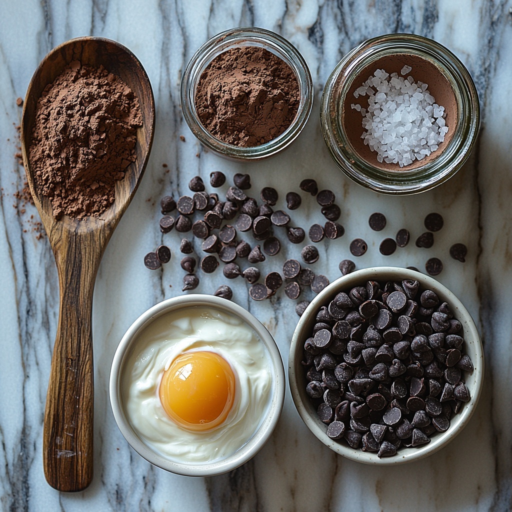 Flourless Greek yogurt in a small white ceramic bowl, smooth creamy texture, a single brown egg with a matte shell lying beside it, half cup of rich dark cocoa powder heaped on a rustic wooden spoon, small glass jar of granular erythritol sweetener with fine crystalline texture, teaspoon of finely ground dark coffee powder in a tiny dish, pinch of coarse salt crystals scattered nearby, half cup of glossy dark chocolate chips spilling gently from a small white bowl, all carefully arranged on a clean light marble surface that enhances the natural colors and textures, soft natural daylight highlighting the rich browns, creams, and whites, subtle shadows adding depth, minimalistic and elegant styling with a slight rustic touch, overhead shot, top down view, flat lay photography, professional food styling --ar 1:1 --q 2 --s 750 --v 6.1