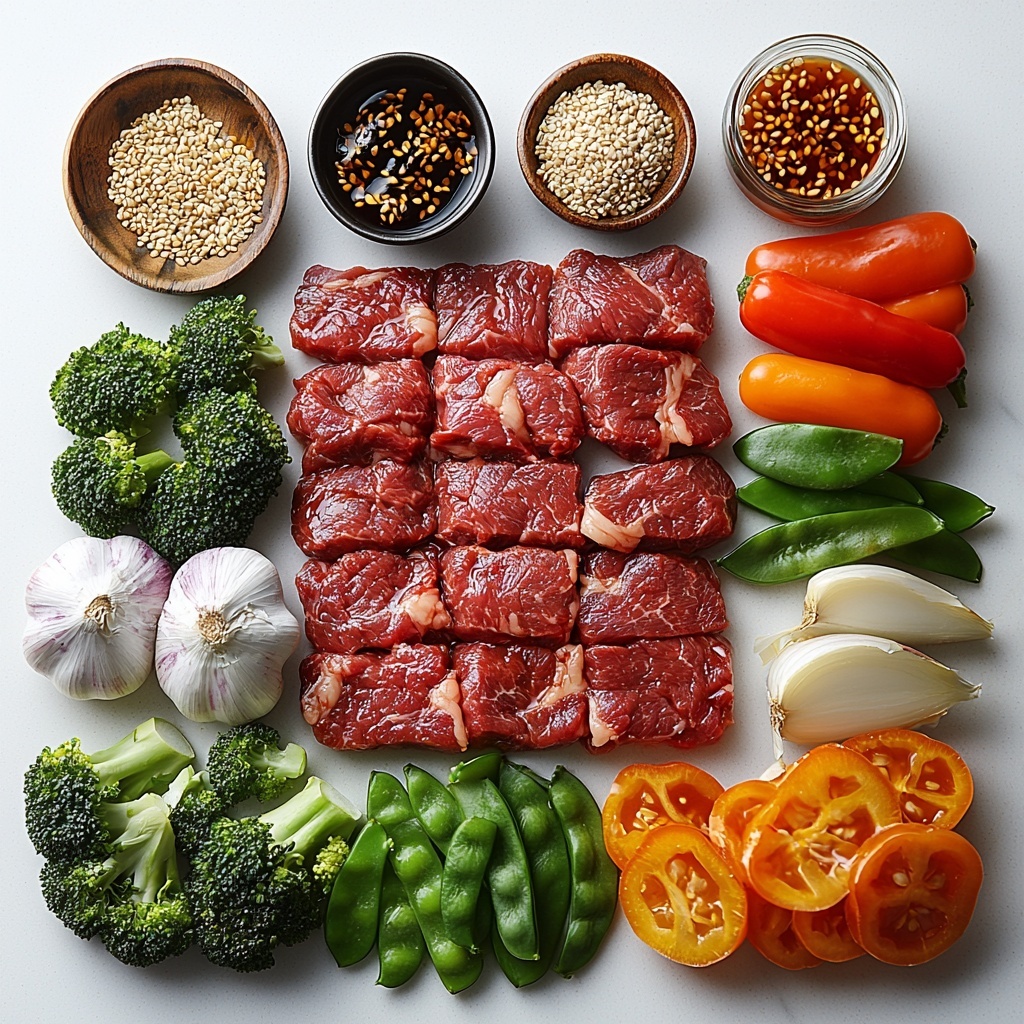 A beautifully arranged flat lay of classic beef stir-fry ingredients on a clean white surface: thinly sliced bright red flank steak layered neatly with a small bowl of glossy soy sauce marinade, a tiny dish of golden cornstarch powder, and a small glass teaspoon of deep amber sesame oil; fresh and vibrant vegetables including crisp green broccoli florets, a bright orange thinly sliced carrot, glossy red and green sliced bell pepper strips, translucent rings of pale purple onion, and scattered fresh white garlic cloves alongside freshly grated pale yellow ginger; optional elements such as plump white and brown mushrooms and delicate green snow peas placed artistically to the side; small bowls containing the stir-fry sauce ingredients—a mix of dark soy sauce, rich brown oyster sauce with shiny granulated brown sugar, clear beef broth, and a splash of light rice vinegar; an accent bowl of fiery red chili flakes and a small jar of smooth red sriracha for optional heat; textures ranging from tender raw beef to crisp crisp-tender veggies and smooth sauces; pops of natural color contrast with warm wood or slate serving spoons and scattered sesame seeds and thinly sliced scallions for garnish arranged thoughtfully around the layout, all captured in natural soft daylight emphasizing freshness and vividness, minimal shadows, clean and airy styling – overhead shot, top down view, flat lay photography, professional food styling --ar 1:1 --q 2 --s 750 --v 6.1