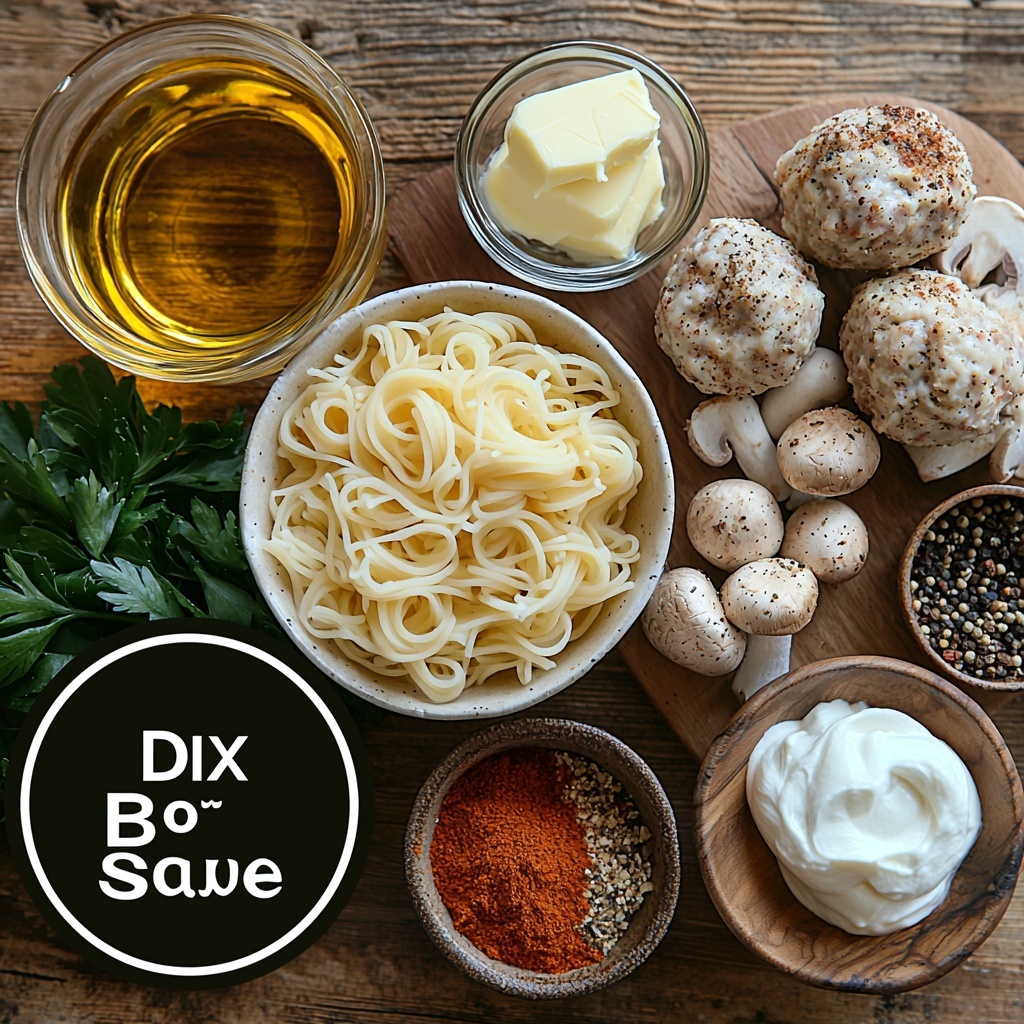 Wide egg noodles in a small rustic white bowl, uncooked and golden yellow, beside a neat pile of thawed frozen meatballs with a browned, slightly crispy surface. A glass measuring cup filled with pale golden olive oil, a small vintage butter dish holding a pat of creamy butter. Next to them, a wooden board with freshly sliced cremini mushrooms, dark brown with light cream gills visible. A clear glass cup of dry white wine with a subtle sparkle, and a small bowl of rich, dark beef broth. Tiny ceramic bowls each containing vibrant Dijon mustard (golden yellow), glossy Worcestershire sauce (deep brown), and Italian seasoning with green and brown dried herbs. Scattered around, small heaps of paprika powder (rusty red), garlic powder (light beige), salt and freshly ground black pepper (black and white specks). A creamy bowl of thick heavy whipping cream, and a smaller bowl of velvety full-fat sour cream, both bright white. Fresh Italian parsley leaves, chopped finely, sprinkled delicately nearby, adding fresh green pops of color. All ingredients artfully arranged on a clean, textured light wooden surface with soft natural lighting enhancing the warm, earthy tones and the varied textures from smooth creams to rustic powders and fresh herbs. Overhead shot, top down view, flat lay photography, professional food styling --ar 1:1 --q 2 --s 750 --v 6.1