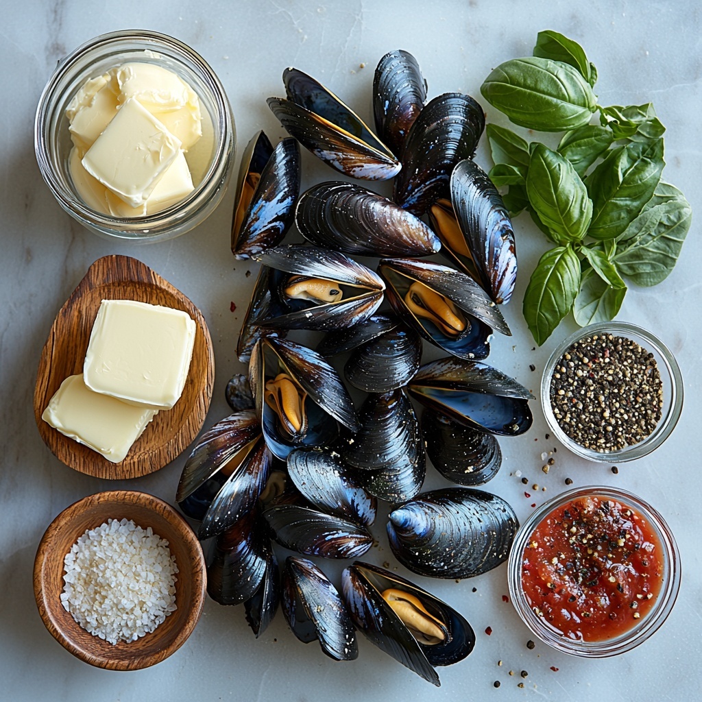 Fresh mussels in glossy black shells arranged in a natural cluster, next to a small pat of creamy unsalted butter on a rustic wooden butter dish, three peeled garlic cloves finely minced and scattered with some whole cloves nearby, two shallots diced finely with some whole shallots sliced in half showing their purple layers, a small wooden spoon holding pale yellow fennel seeds, a tiny dish with crushed red pepper flakes showing vibrant red flecks, an opened 8-ounce can of rich red tomato sauce with a smooth surface, a clear glass measuring cup filled with light golden chicken stock, a crystal wine glass with pale straw-colored dry white wine, small glass bowls holding kosher salt and freshly ground black pepper with visible coarse grains and specks, a small pitcher with thick white heavy cream gently swirling, fresh bright green torn basil leaves and vibrant chopped parsley scattered artistically around, all ingredients neatly spaced apart on a clean white marble surface that reflects soft natural light, slight shadows adding depth and texture, colors vivid and inviting, textures from smooth to coarse creating visual contrast, perfect balance of rustic and elegant styling, overhead shot, top down view, flat lay photography, professional food styling --ar 1:1 --q 2 --s 750 --v 6.1