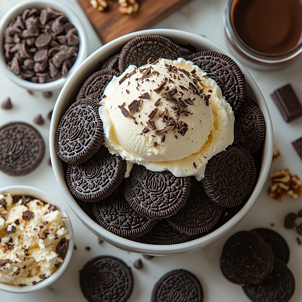 24 Oreo cookies stacked and scattered, some whole and some crushed into fine crumbs; a small bowl of melted butter with a glossy surface; a large scoop of slightly softened vanilla ice cream in a glass dish showing creamy texture; a drizzle or small bowl of rich, glossy hot fudge sauce with deep dark brown hues; a heap of crushed chocolate cookies or chocolate crunchies with varied textures; a bowl or dollop of fluffy whipped cream with soft peaks; a handful of delicate chocolate shavings and mini chocolate chips scattered artfully; optional small bowls of chopped nuts, golden caramel drizzle in a small jar, and colorful sprinkles adding vibrant accents. All ingredients arranged neatly on a clean white marble surface, bright natural light casting soft shadows, subtle rustic wooden board and minimal decorative greenery as accents, styled with a modern, fresh aesthetic emphasizing contrasting textures and rich browns against creamy whites. overhead shot, top down view, flat lay photography, professional food styling --ar 1:1 --q 2 --s 750 --v 6.1