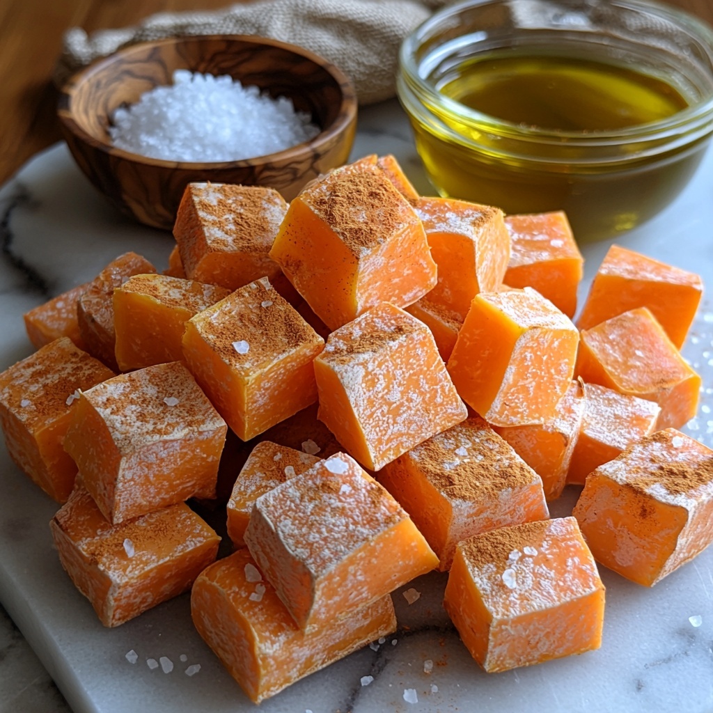 Sweet potatoes peeled and cut into vibrant orange 1-inch cubes arranged neatly on a clean white marble surface, a small glass bowl of golden honey with a cinnamon sprinkle beside it, rustic wooden bowl filled with warm brown ground cinnamon powder, a small dish of coarse sea salt crystals sparkling under soft light, a matte ceramic bowl with glossy deep green olive oil, all ingredients spaced evenly with natural shadows, minimalistic styling with subtle earth-toned linen napkin folded at the corner, bright natural daylight highlighting the rich warm hues and varied textures of smooth oil, powdery cinnamon, crystalline salt, and fresh sweet potato flesh, overhead shot, top down view, flat lay photography, professional food styling --ar 1:1 --q 2 --s 750 --v 6.1