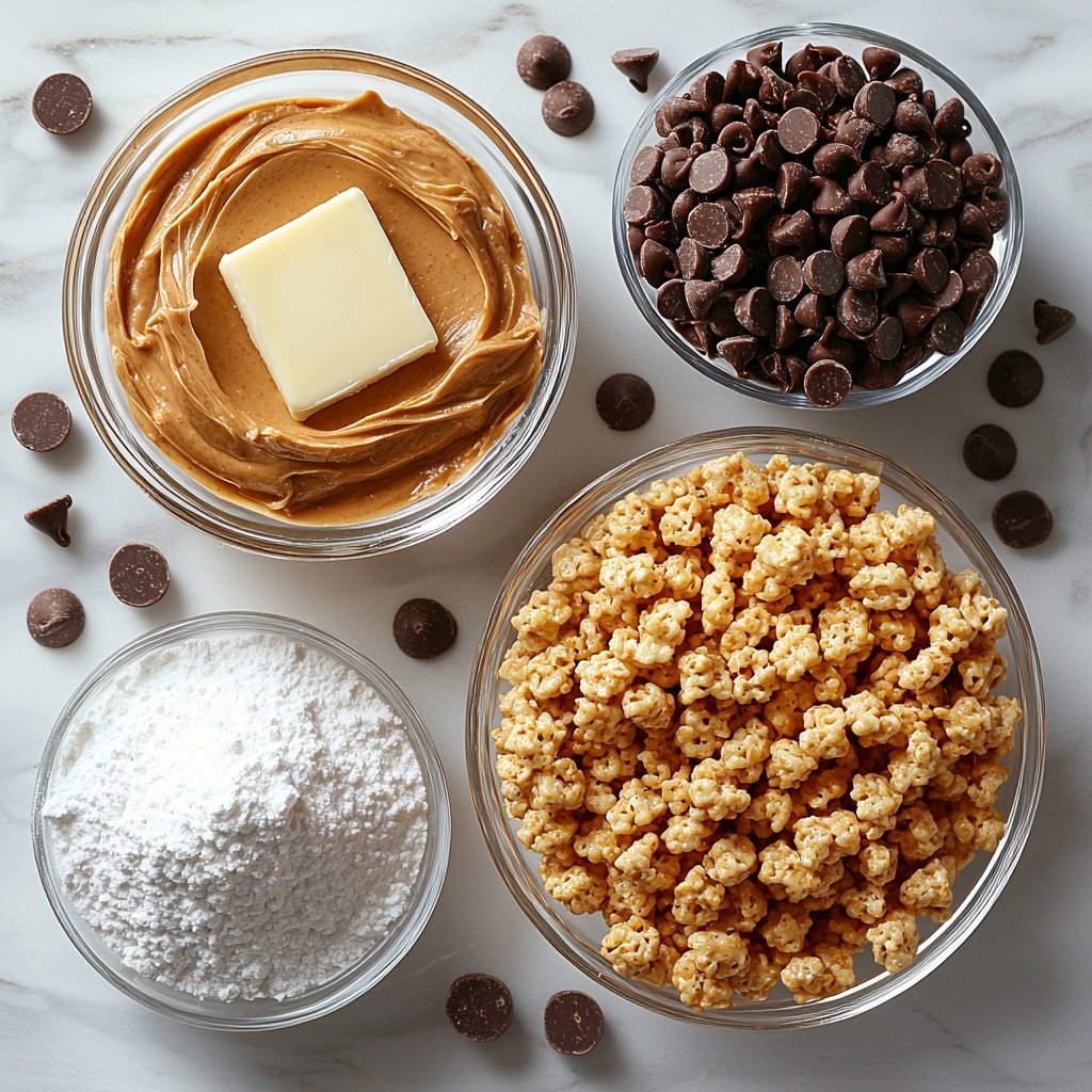 A clean white marble surface with all the main ingredients for peanut butter balls arranged neatly in a visually appealing flat lay: a small glass bowl of creamy golden peanut butter, a clear bowl of fluffy white powdered sugar, a pat of soft pale yellow butter on a minimalist white dish, a large glass bowl filled with crispy, light golden Rice Krispies cereal, and a small bowl overflowing with dark glossy chocolate chips. Surrounding the bowls are a few scattered cereal pieces and chocolate chips for texture contrast. Soft natural lighting highlights the smooth, creamy and crunchy textures, while shadows add depth. The color palette includes warm peanut butter tones, bright white sugar, buttery yellow, toasted cereal gold, and rich dark chocolate browns. Minimalist style, clean lines, organic arrangement with space between items to emphasize each ingredient. Overhead shot, top down view, flat lay photography, professional food styling --ar 1:1 --q 2 --s 750 --v 6.1