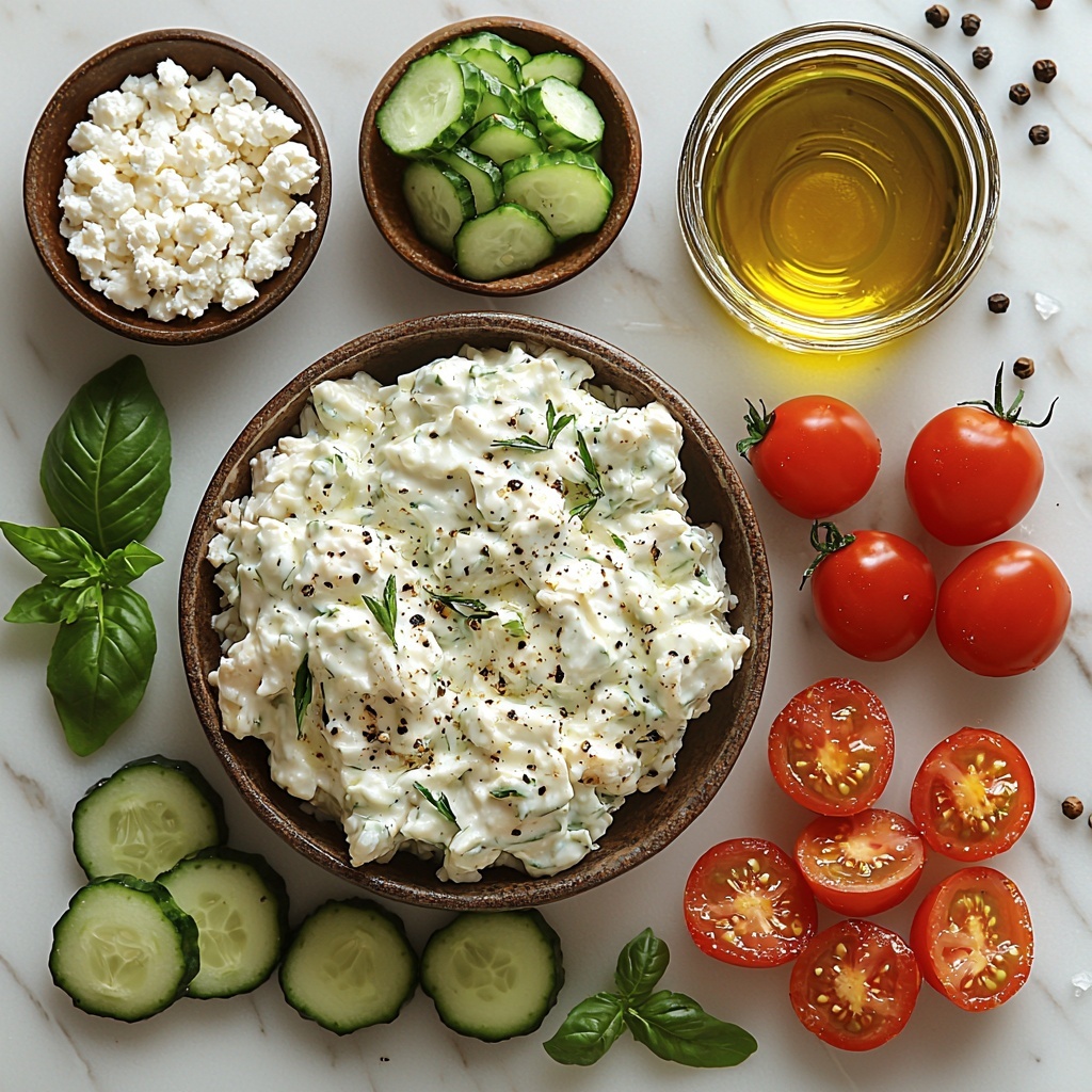 A clean white marble surface with neatly arranged ingredients for a chicken tzatziki casserole: shredded cooked chicken piled in a small rustic bowl, creamy white tzatziki sauce in a glass ramekin showing its texture, cooked white rice fluffed and placed in a neat pile, vibrant diced cucumbers in a small square dish displaying bright green hues, halved glossy red cherry tomatoes scattered artfully, crumbly white feta cheese in a small ceramic bowl, a small glass jug of golden olive oil with a slight sheen, scattered coarse salt crystals and cracked black peppercorns nearby. Natural soft daylight illuminating the scene, subtle shadows, fresh and vibrant color palette with contrasting textures—creamy, crunchy, tender—arranged in a balanced, harmonious layout with some ingredients spilling slightly to create a casual yet refined feel. Overhead shot, top down view, flat lay photography, professional food styling --ar 1:1 --q 2 --s 750 --v 6.1