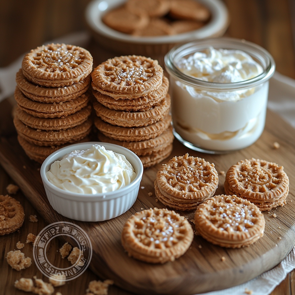 30 Lotus Biscoff biscuits whole and stacked, crushed Biscoff crumbs in a small bowl, 2 tablespoons melted unsalted butter in a glass ramekin, 16 oz heavy cream in a clear measuring cup, 8 oz cream cheese at room temperature on a wooden board, 1/2 cup powdered sugar in a white porcelain bowl, 1/2 cup smooth Biscoff spread in a small ceramic dish, 1 teaspoon vanilla extract in a tiny glass vial, 8 Biscoff cookies halved and neatly fanned out, all arranged on a clean, light natural wood surface with warm, soft natural lighting highlighting the rich caramel and creamy white tones, subtle shadows adding depth, slight texture contrast between the crumbly biscuits and smooth spreads, minimalistic styling with a few scattered cookie crumbs for an inviting, cozy feel, a dusting of powdered sugar artistically placed nearby, overhead shot, top down view, flat lay photography, professional food styling --ar 1:1 --q 2 --s 750 --v 6.1