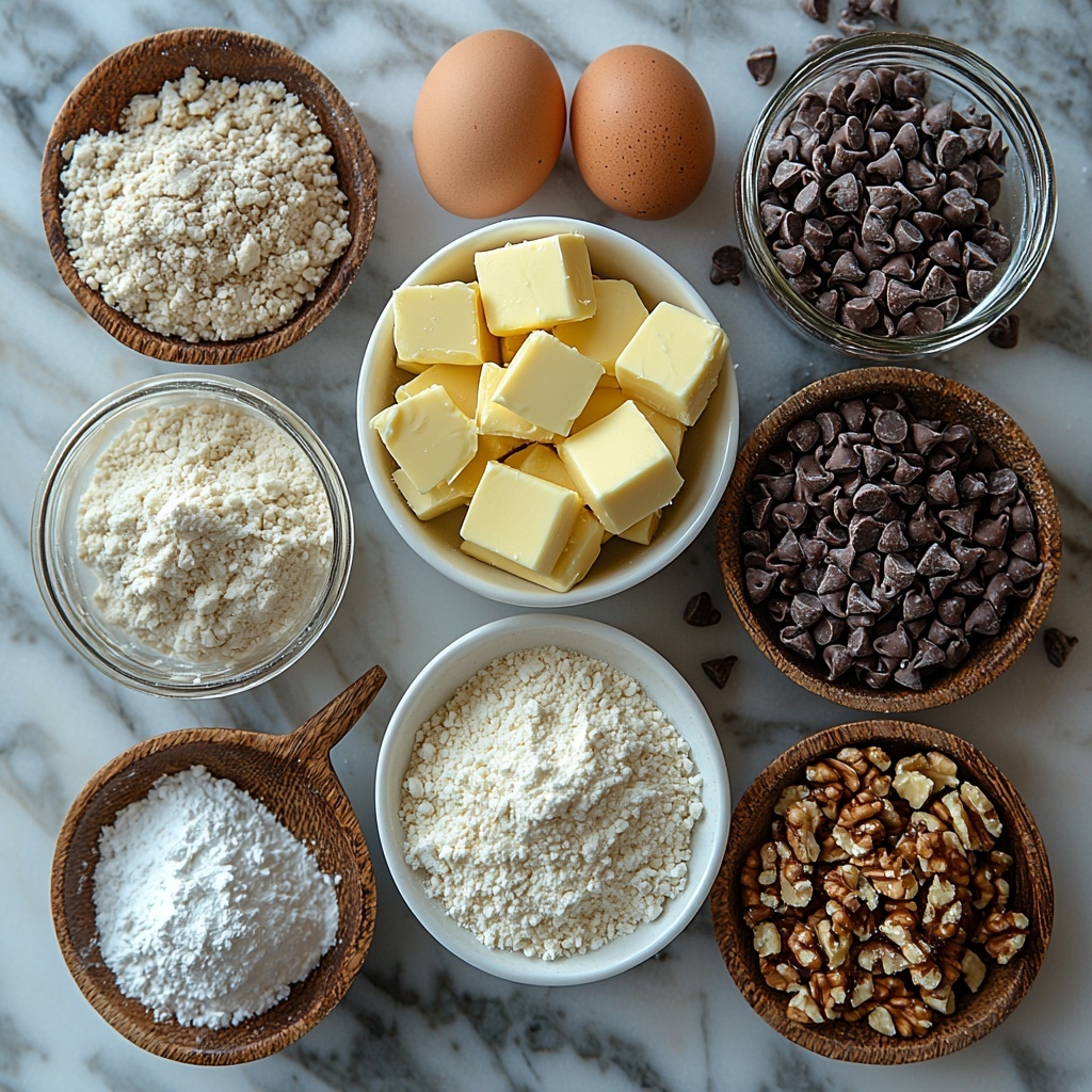 Cold butter cubes in a small white ceramic bowl, golden brown and dark brown mounds of brown sugar and white granulated sugar in rustic wooden spoons, two fresh brown eggs with smooth shells placed side by side, a neat stack of white cake flour and all-purpose flour in white porcelain bowls, fine white cornstarch in a tiny glass jar, small piles of off-white baking soda powder and fine salt on a clean white ceramic plate, generous heaps of glossy semi-sweet chocolate chips and roughly chopped textured walnuts in separate small stoneware bowls. All ingredients arranged thoughtfully on a smooth, clean light marble surface with soft natural window light casting gentle shadows, minimal props emphasizing natural colors and textures, warm neutral tones and subtle contrast enhancing the buttery yellows, rich browns, and creamy whites. Overhead shot, top down view, flat lay photography, professional food styling --ar 1:1 --q 2 --s 750 --v 6.1