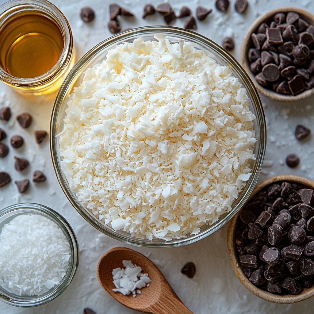 A clean, bright white surface featuring an artful flat lay arrangement of ingredients for homemade coconut mounds bars: a large glass bowl filled with fluffy, sweetened shredded coconut showcasing its delicate, fibrous texture; an opened can of smooth, glossy sweetened condensed milk with some drizzled gently spilling onto a small white ceramic spoon; a small glass bowl with clear, amber-hued pure vanilla extract reflecting light softly; a tiny dish holding a small pinch of fine white salt crystals; a clear glass bowl heaped with shiny, dark semi-sweet chocolate chips, their rich, glossy surfaces catching the light; and a small transparent ramekin containing a smooth dollop of golden coconut oil with a subtle sheen. The composition is balanced, with soft natural lighting enhancing the contrast between the creamy white coconut, the deep brown chocolate chips, and the warm tones of vanilla and coconut oil. Textures are emphasized—from the fibrous coconut to the glossy melted condensed milk and chocolate—styled with minimal, rustic elements like a wooden spoon and crisp white parchment paper edges subtly framing the scene. Overhead shot, top down view, flat lay photography, professional food styling --ar 1:1 --q 2 --s 750 --v 6.1