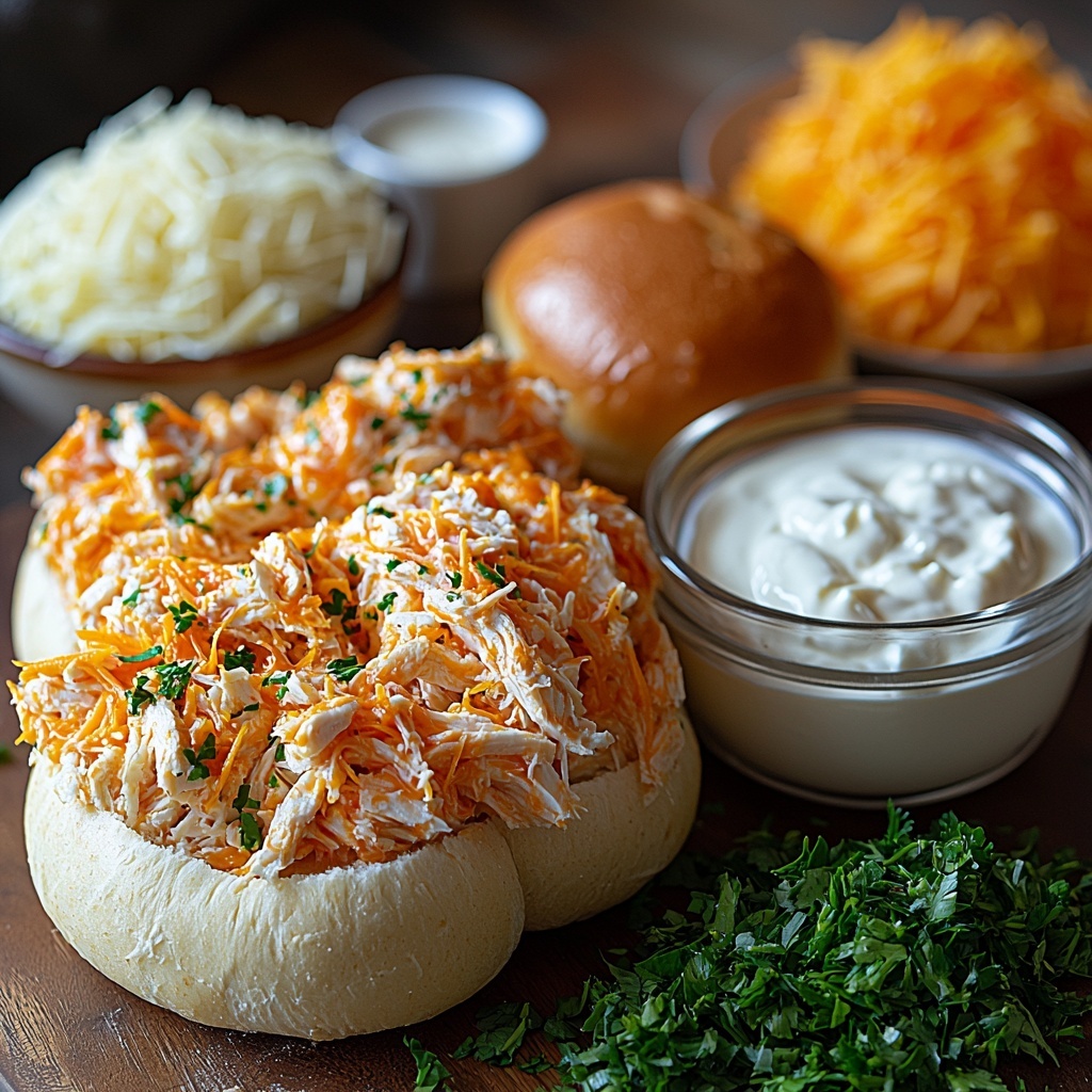 Hawaiian rolls arranged in a neat stack showcasing their golden, soft texture; small bowl of shredded cooked chicken mixed with bright orange buffalo sauce, glistening and tender; glass ramekin of smooth, creamy ranch dressing with a pale white color; small pile of shredded cheddar cheese, vibrant orange-yellow strands; melted butter in a clear small bowl with a glossy surface; garlic powder and onion powder in tiny white ceramic spoons, fine powdery texture; fresh chopped parsley scattered lightly around for a pop of vibrant green color; all ingredients artfully spaced and organized on a clean white surface with soft natural light highlighting the vivid colors and varied textures, subtle shadows for depth, props minimal and modern emphasizing the freshness and warmth of the ingredients, clean and inviting aesthetic, overhead shot, top down view, flat lay photography, professional food styling --ar 1:1 --q 2 --s 750 --v 6.1
