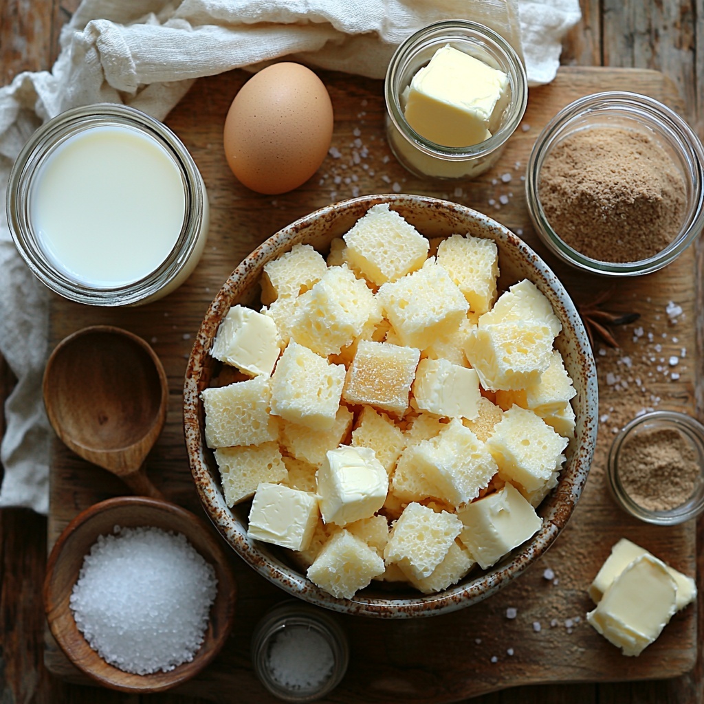 stale bread cubes (brioche or challah) in warm golden tones, arranged loosely in a rustic ceramic bowl; whole milk in a clear glass measuring cup showing creamy white liquid; granulated sugar in a small white ramekin with fine, sparkling crystals; unsalted butter cut into neat rectangular pats on a wooden board, pale yellow and smooth; ground cinnamon in a tiny glass jar, rich warm brown powder; salt crystals sprinkled lightly next to a small porcelain spoon; large eggs with smooth brown shells resting gently on a linen cloth; vanilla extract in a small amber bottle with a minimalist label; heavy cream in a small glass pitcher, thick and glossy white; packed light brown sugar molded in a small glass bowl, deep caramel color and slightly moist texture; cornstarch in a small bowl, bright white and fine like powder. All ingredients arranged symmetrically on a clean, light textured wooden surface with natural soft daylight, minimal shadows, warm and inviting color palette, balanced composition, subtle props like a linen napkin and wooden spoons adding rustic charm. Overhead shot, top down view, flat lay photography, professional food styling --ar 1:1 --q 2 --s 750 --v 6.1