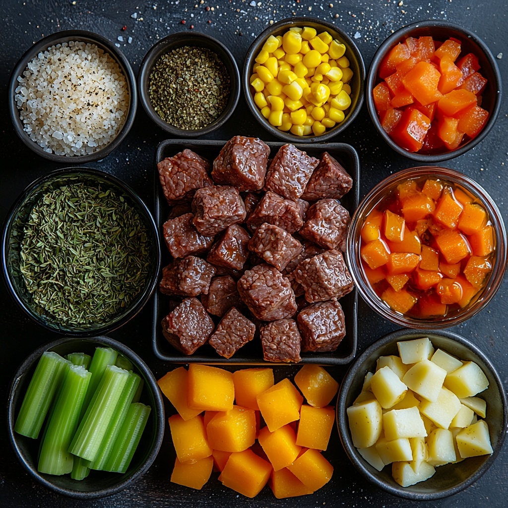 diced beef chunks, small bowl with garlic powder, half a medium yellow onion diced, two celery stalks diced, one cup diced orange carrots, cooking spray bottle or small drizzle of olive oil, glass container with beef broth, dried oregano sprinkled in a small dish, salt and pepper in tiny bowls, two cups frozen yellow corn kernels, one cup frozen green beans, two cups diced white potatoes, can of diced tomatoes with juices visible, single fresh bay leaf placed separately; ingredients carefully arranged on a clean white or light wood surface with natural soft lighting highlighting vibrant colors and varied textures—glossy broth, matte vegetables, rough beef edges—groups spaced evenly with slight overlaps for depth, some ingredients in rustic bowls and others loose for visual interest, gentle shadows, subtle earthy tones in background to enhance freshness and warmth overhead shot, top down view, flat lay photography, professional food styling --ar 1:1 --q 2 --s 750 --v 6.1