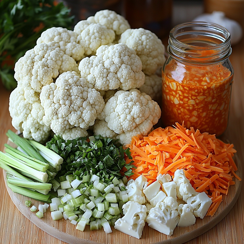 1 large head of cauliflower cut into florets, 2 cups shredded cooked chicken breast, 1 cup bright orange buffalo sauce in a small bowl, 1/2 cup creamy ranch dressing or blue cheese dressing in a glass jar, 1 cup shredded sharp cheddar cheese with its vibrant yellow-orange color, 1 cup shredded mozzarella cheese with a soft white texture, 3 fresh green onions chopped with bright green and white pieces scattered, small bunch of fresh parsley or chives with deep green leaves, a sprinkle of coarse salt and cracked black pepper in small piles — all ingredients carefully arranged on a clean, light-colored wooden surface with natural soft lighting enhancing textures and vibrant colors, subtle shadows adding depth, minimalist rustic style with a touch of freshness and warmth, slight separation between items to show each ingredient clearly, overhead shot, top down view, flat lay photography, professional food styling --ar 1:1 --q 2 --s 750 --v 6.1