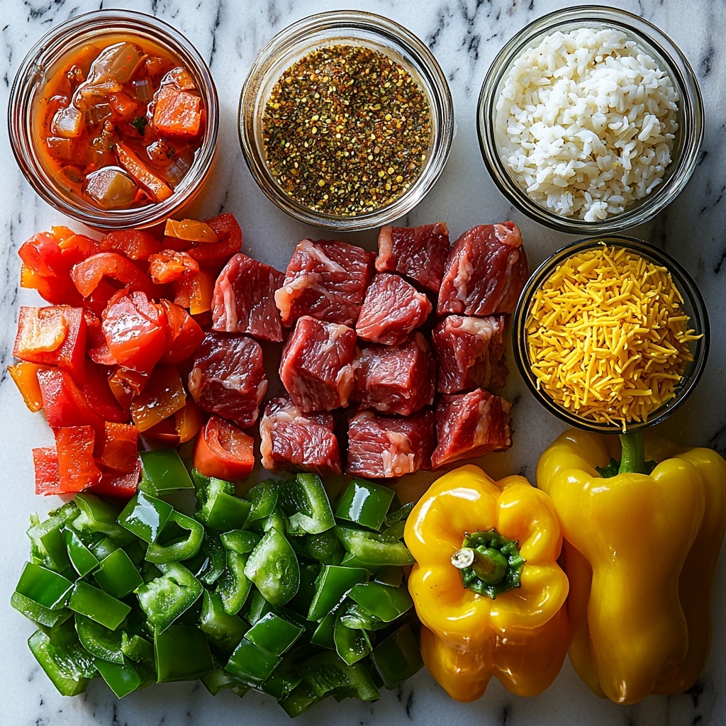A vibrant flat lay of fresh cooking ingredients arranged neatly on a clean white marble surface: three colorful bell peppers sliced into strips (one red, one green, one yellow) showcasing their glossy, crisp textures; a half yellow onion diced into small cubes with delicate translucent layers; a small mound of uncooked Minute Rice grains with a slightly rough, powdery texture; a small glass bowl filled with rich, deep-red tomato sauce, smooth and thick; a sealed packet of fajita seasoning with bold, rustic lettering; a raw top sirloin cut into thick, juicy strips displaying marbled red meat and white fat; a small pool of golden olive oil in a clear glass dish reflecting light; a small bowl of creamy, pale-yellow Gordo’s cheese dip with a silky surface; and a cup of golden chicken broth shimmering softly in a transparent glass container. The ingredients are spaced evenly with natural soft daylight highlighting vivid colors and textures, complemented by subtle shadows for depth. Overhead shot, top down view, flat lay photography, professional food styling --ar 1:1 --q 2 --s 750 --v 6.1