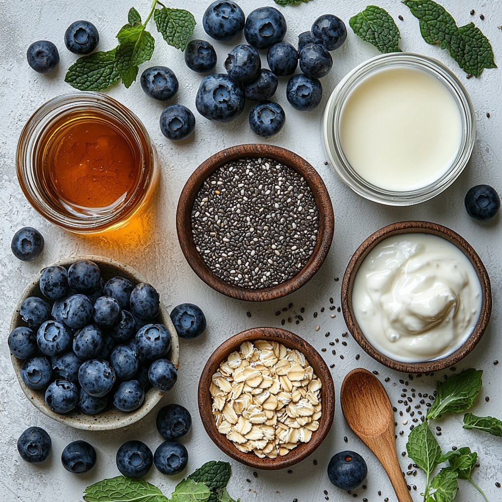 A clean white surface with all ingredients neatly arranged for a flat lay photo: a small glass jar of pure vanilla extract with a dark amber hue, a small bowl filled with plump fresh blueberries showing deep blue and purple tones, a tiny dish of glossy black chia seeds with a slightly shiny texture, a rustic heap of rolled old-fashioned oats with a light beige color and flaky texture, a clear measuring cup of creamy unsweetened almond milk with a smooth, opaque white appearance, a small dish of golden amber maple syrup glistening under soft light, and a small container of thick, creamy full-fat Greek yogurt with a bright white color and silky texture. Each ingredient spaced evenly with natural shadows, styled with a wooden spoon and a sprig of fresh mint for subtle contrast. The composition emphasizes natural colors and textures with soft, diffused lighting creating a fresh, inviting mood. overhead shot, top down view, flat lay photography, professional food styling --ar 1:1 --q 2 --s 750 --v 6.1