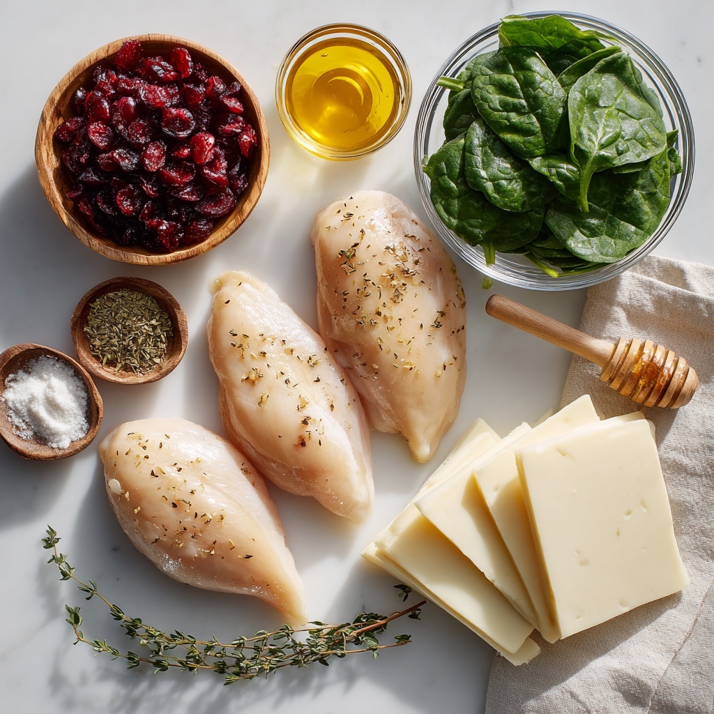 boneless skinless chicken breasts arranged neatly on a clean white surface alongside a small bowl of chopped fresh bright green spinach, a small glass dish filled with vibrant red dried cranberries, several slices of creamy off-white brie cheese with smooth texture (rind removed), a small wooden bowl of golden olive oil, a rustic heap of coarse salt and fresh cracked black pepper, a wooden spoon holding pale beige garlic powder, a tiny pile of dried thyme leaves with muted green tones, and a small amber glass jar of glossy honey with a honey dipper resting nearby; ingredients spaced thoughtfully with natural daylight casting soft shadows, highlighting varied textures—smooth chicken, leafy spinach, glossy cranberries, and creamy cheese; clean minimalist styling with subtle rustic accents like a linen napkin edge visible, warm neutral tones enhancing the colors of the ingredients, overhead shot, top down view, flat lay photography, professional food styling --ar 1:1 --q 2 --s 750 --v 6.1