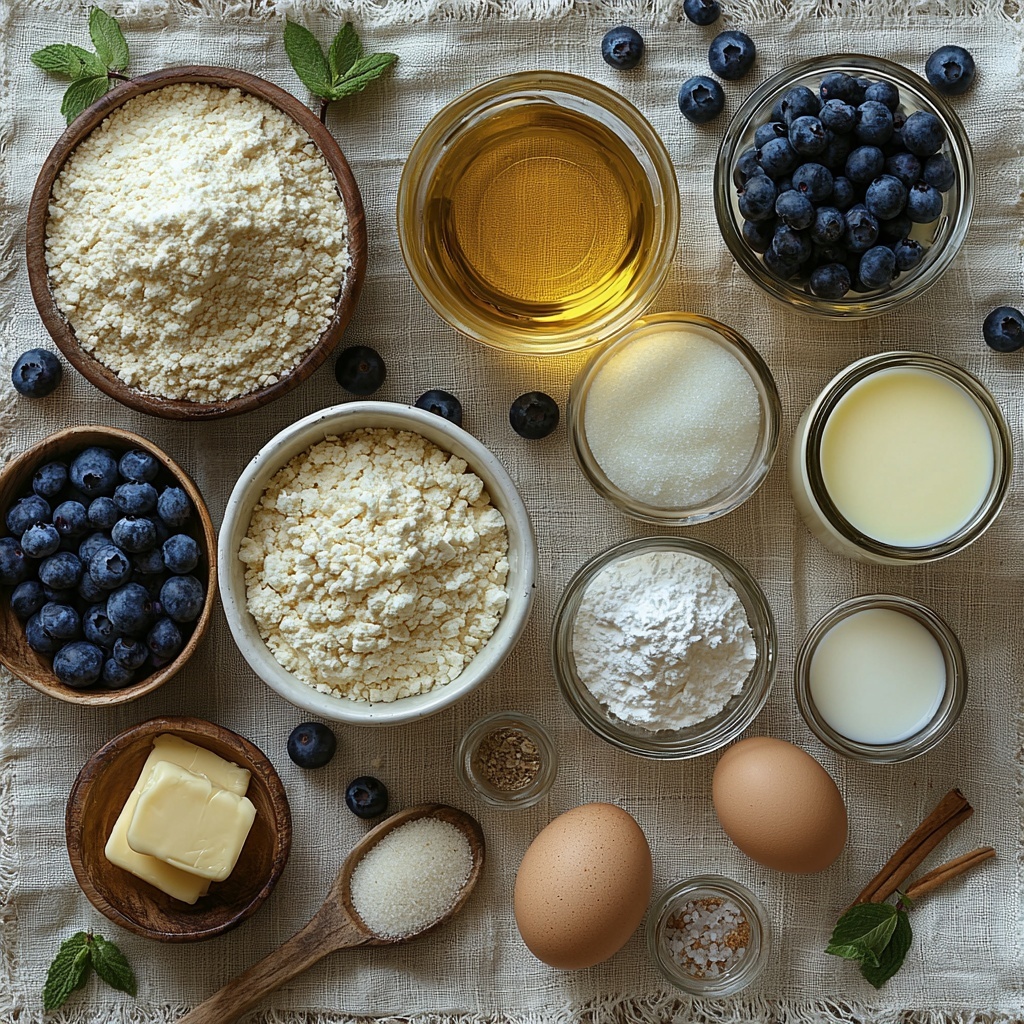 all-purpose flour in a small white ceramic bowl, three teaspoons baking powder and quarter teaspoon baking soda in scattered small glass jars, half teaspoon ground cinnamon in a tiny rustic dish, half teaspoon salt in a wooden spoon, five tablespoons melted butter in a clear glass measuring cup showing golden liquid, one-third cup vegetable oil in a small transparent bowl with glossy surface, one cup granulated sugar spilling slightly on the clean surface, two large brown eggs with smooth shells resting side by side, one-third cup sour cream in a white porcelain ramekin with creamy texture, one cup milk in a glass jug slightly reflective, one teaspoon pure vanilla extract in a small amber bottle, one and a half cups fresh blueberries scattered naturally with deep blue and purple hues, optional coarse sugar crystals sprinkled near the sugar bowl adding sparkle, all ingredients arranged neatly on a light neutral linen cloth atop a clean white wooden surface, natural soft daylight highlighting textures and colors, subtle shadows adding depth, minimalistic and inviting composition, overhead shot, top down view, flat lay photography, professional food styling --ar 1:1 --q 2 --s 750 --v 6.1
