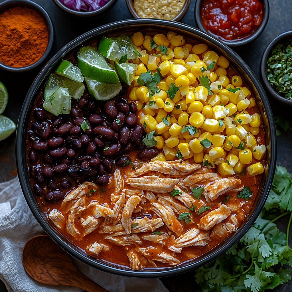 2 cups cooked shredded chicken, tender and fibrous with warm beige tones; 1 can black beans, glossy and dark with smooth, rounded shapes; 1 can corn, bright yellow kernels clustered closely; 1 can diced tomatoes with green chilies, vibrant red and green pieces with juicy, slightly chunky texture; 1 cup rich red salsa with visible herbs and spices; 1 cup shredded cheese, pale yellow and finely shredded with soft texture; small bowls of ground cumin and chili powder, warm earthy brown and deep reddish hues powdery texture; salt and black peppercorns scattered sparingly; crunchy golden tortilla chips stacked loosely; all ingredients meticulously arranged on a clean white matte surface with balanced spacing, natural light casting soft shadows to enhance color vibrancy and texture details, rustic wooden spoon and neutral linen napkin nearby for added warmth and context, overhead shot, top down view, flat lay photography, professional food styling --ar 1:1 --q 2 --s 750 --v 6.1