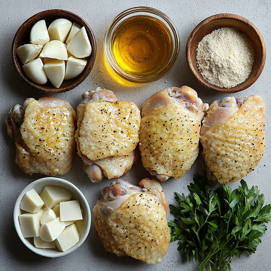 4 raw bone-in, skin-on chicken thighs with golden, plump skin, a small glass bowl of glossy amber honey, a matching bowl of smooth pale yellow Dijon mustard, a small clear dish of rich golden olive oil, scattered piles of fine white garlic powder and onion powder on rustic white ceramic spoons, a neat pinch of coarse white salt and cracked black pepper on small wooden scoops, and a few sprigs of fresh vibrant green parsley delicately placed nearby. All ingredients are arranged artfully on a clean, matte white surface with soft natural light highlighting the textures—the plumpness of the chicken skin, the gloss of honey and oil, and the powders’ fine granularity. Subtle shadows add depth while maintaining an inviting, fresh look. overhead shot, top down view, flat lay photography, professional food styling --ar 1:1 --q 2 --s 750 --v 6.1