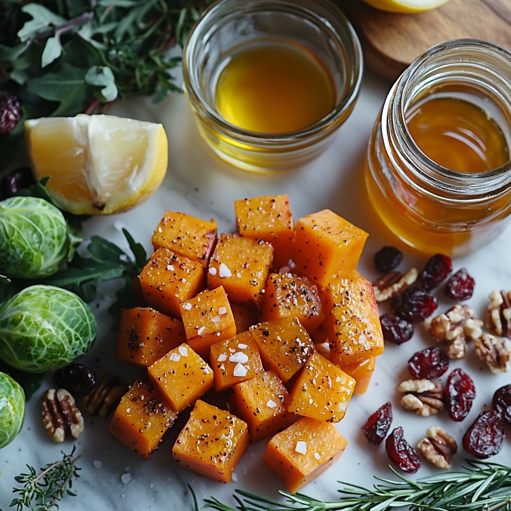 butternut squash peeled and cubed bright orange chunks, halved Brussels sprouts vibrant green with textured leaves, sweet potato peeled and cubed rich orange cubes, small glass bowl with glossy golden olive oil, scattered coarse salt crystals and cracked black peppercorns, dried thyme sprigs with delicate needle-like leaves, small bowl of deep red dried cranberries, honey in a clear jar showing amber shine, fresh lemon cut in halves showing bright yellow interior, soft crumbled white goat cheese with creamy texture, toasted walnuts and pecans with warm brown hues and rough texture, fresh mixed greens and arugula leaves in varied green shades, all ingredients neatly arranged on a clean white marble surface with natural soft lighting, shadows creating depth, slight rustic wooden serving board underneath some items for contrast, minimalistic kitchen towel softly folded on the side, fresh vibrant colors and textures emphasized, overhead shot, top down view, flat lay photography, professional food styling --ar 1:1 --q 2 --s 750 --v 6.1