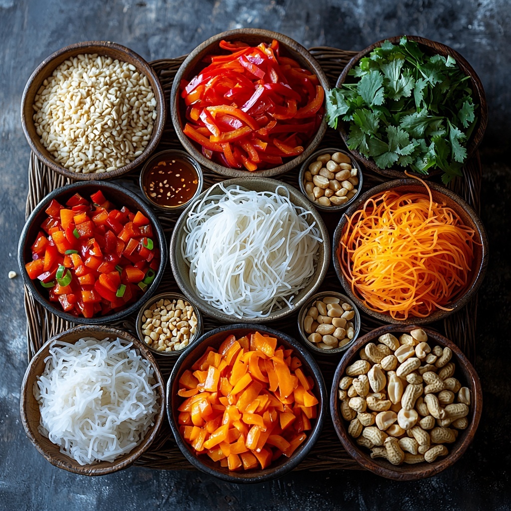 8 oz. rice noodles loosely coiled in a small natural woven basket, smooth white translucent strands; 1 red bell pepper sliced into vibrant red strips, glossy and crisp; 1/3 cup bright orange julienned carrots with fresh texture; 3 cloves garlic minced finely, off-white and slightly rough; a small glass measuring cup filled with a creamy tan peanut sauce, showing a smooth texture; a small bowl of golden peanut oil with a slight sheen; a shallow dish of dark amber soy sauce glistening; a tiny mound of pale yellow cornstarch powder softly piled; fresh lime juice in a small clear bowl reflecting light; a drizzle of golden honey in a tiny white dish; a small spoon of bright red sriracha with a glossy surface; a sprinkle of fine pale brown ground ginger powder; 1/3 cup smooth, creamy peanut butter in a rustic ceramic bowl; roughly chopped fresh green cilantro leaves with vibrant color; ¼ cup chopped peanuts with rough, crunchy texture in a small natural wooden bowl; 2-3 sliced green onions, bright green with a fresh crisp look. All ingredients arranged neatly and spaced evenly on a clean matte white surface, styled with soft natural light coming from the left, subtle shadows, minimal props, emphasizing vibrant colors and diverse textures. Overhead shot, top down view, flat lay photography, professional food styling --ar 1:1 --q 2 --s 750 --v 6.1