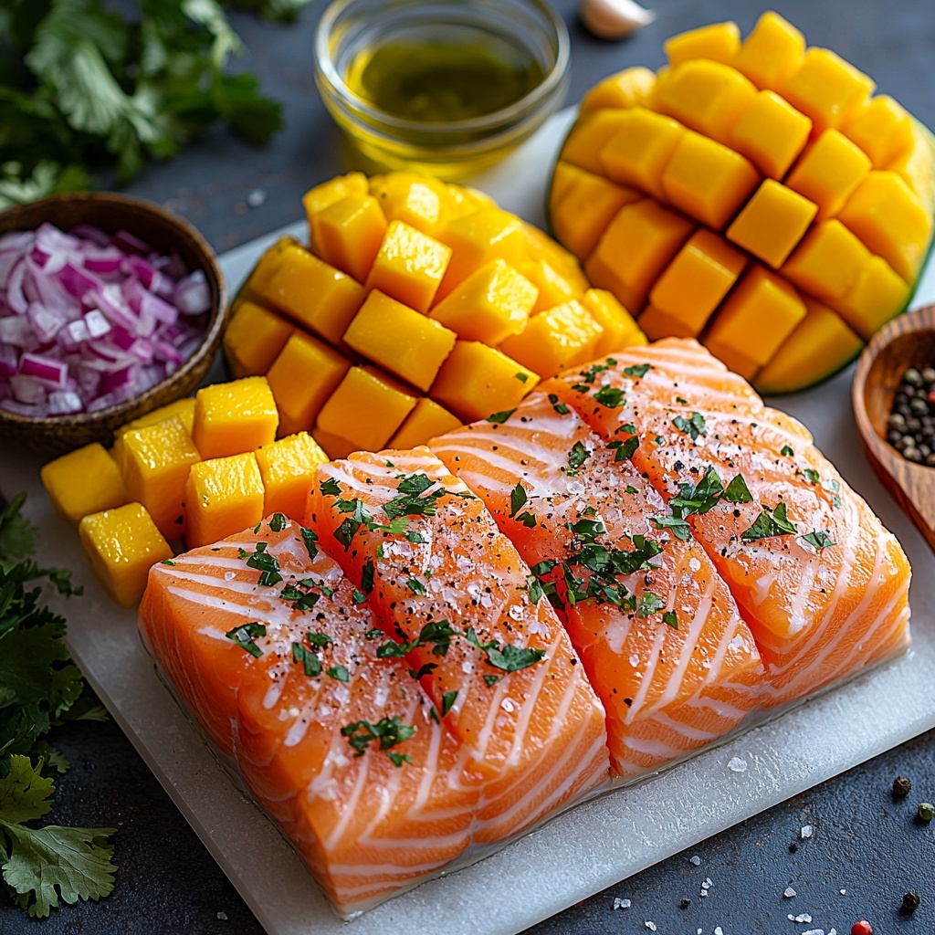 4 salmon fillets with rich pink flesh and silvery skin, two ripe golden yellow mangos diced into small chunks, a small clear glass bowl filled with bright red finely chopped red onion, a mound of fresh green cilantro leaves and chopped herbs, a small bowl with pale green lime juice, scattered coarse sea salt crystals, olive oil in a small glass dish with a glossy amber sheen, wooden spoons holding smoked paprika (deep rusty red), garlic powder and onion powder (fine beige powders), sprinkled black peppercorns, all neatly arranged on a clean white matte surface with soft natural light highlighting the vivid colors and varied textures, minimal shadows, a balanced composition emphasizing freshness and rustic simplicity, overhead shot, top down view, flat lay photography, professional food styling --ar 1:1 --q 2 --s 750 --v 6.1