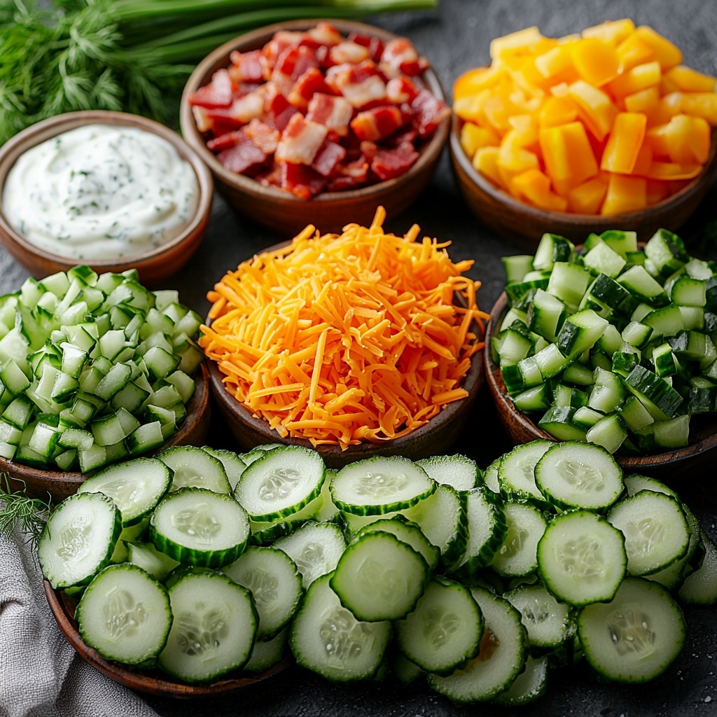 English cucumbers sliced into thin rounds and half-moons, bright green with fresh moisture droplets; a small bowl of creamy, white yogurt-based ranch dressing with subtle herbs; piles of shredded sharp cheddar cheese, vibrant yellow-orange and fluffy texture; crispy crumbled bacon pieces with deep reddish-brown color and crunchy texture; chopped green onions with bright white bulbs and vivid green tops; diced red and yellow bell peppers showing glossy, smooth skin and crisp flesh; fresh sprigs of dill and parsley with delicate green leaves, adding a touch of brightness; all ingredients arranged neatly on a clean white surface with natural soft lighting highlighting the colors and textures, arranged in small bowls and piles, some ingredients gently overlapping to create depth and balance, with subtle shadows enhancing the freshness and inviting appeal, styled minimally with a rustic wooden spoon and linen napkin nearby for warmth and contrast, overhead shot, top down view, flat lay photography, professional food styling --ar 1:1 --q 2 --s 750 --v 6.1