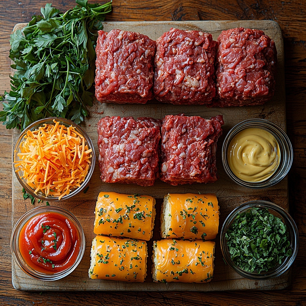 /Imagine prompt: A clean wooden surface with all the ingredients for garlic butter cheeseburger rollups artfully arranged in a flat lay style. A raw pound of ground beef showcasing rich, deep red tones and marbled texture sits beside a small bowl of shredded bright orange cheddar cheese with soft, uneven shreds. Nearby, a small glass bowl of creamy golden garlic butter, speckled with minced garlic and fresh green herbs, glistens invitingly. A neatly stacked package of soft, pale crescent dough rolls with a slight sheen and delicate folds is positioned to one side. Three small dipping bowls hold vibrant red ketchup, smooth yellow mustard, and creamy white ranch, each with distinct textures and colors. Fresh sprigs of herbs scattered around add a pop of green contrast. The arrangement is spacious and balanced on a natural wood backdrop, with soft, natural light highlighting the textures and colors, creating a warm and appetizing atmosphere. Overhead shot, top down view, flat lay photography, professional food styling --ar 1:1 --q 2 --s 750 --v 6.1
