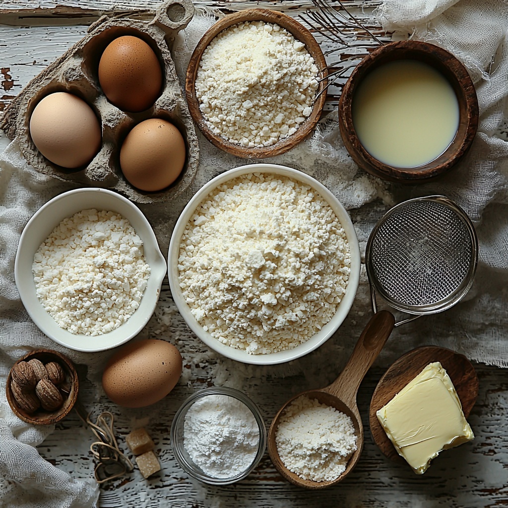 2 cups all-purpose flour in a small clear glass bowl with some flour dusted lightly around it, 1/4 cup granulated sugar in a white ceramic ramekin showing fine crystals, 1 tablespoon baking powder and 1/2 teaspoon salt side by side in small white porcelain spoons, a pinch of 1/4 teaspoon ground nutmeg on a dark wooden scoop highlighting its warm brown color, 1/2 cup milk in a simple glass measuring cup reflecting natural light, 2 large eggs with smooth brown shells placed near a vintage whisk, 1/4 cup unsalted butter melted and glossy in a small clear bowl, a small metal container filled with clear golden vegetable oil, and a fine sieve sprinkled with powdered sugar, all arranged neatly on a clean, matte white surface. Include natural soft daylight illuminating the scene, subtle shadows creating depth, warm tones contrasting with the white background, minimal rustic props like a linen napkin folded beside, and space left in the center for visual balance. overhead shot, top down view, flat lay photography, professional food styling --ar 1:1 --q 2 --s 750 --v 6.1